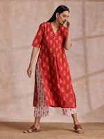 Thumbnail for trueBrowns Red On Red Ikat Print Cotton Kurta Pant Set - Distacart