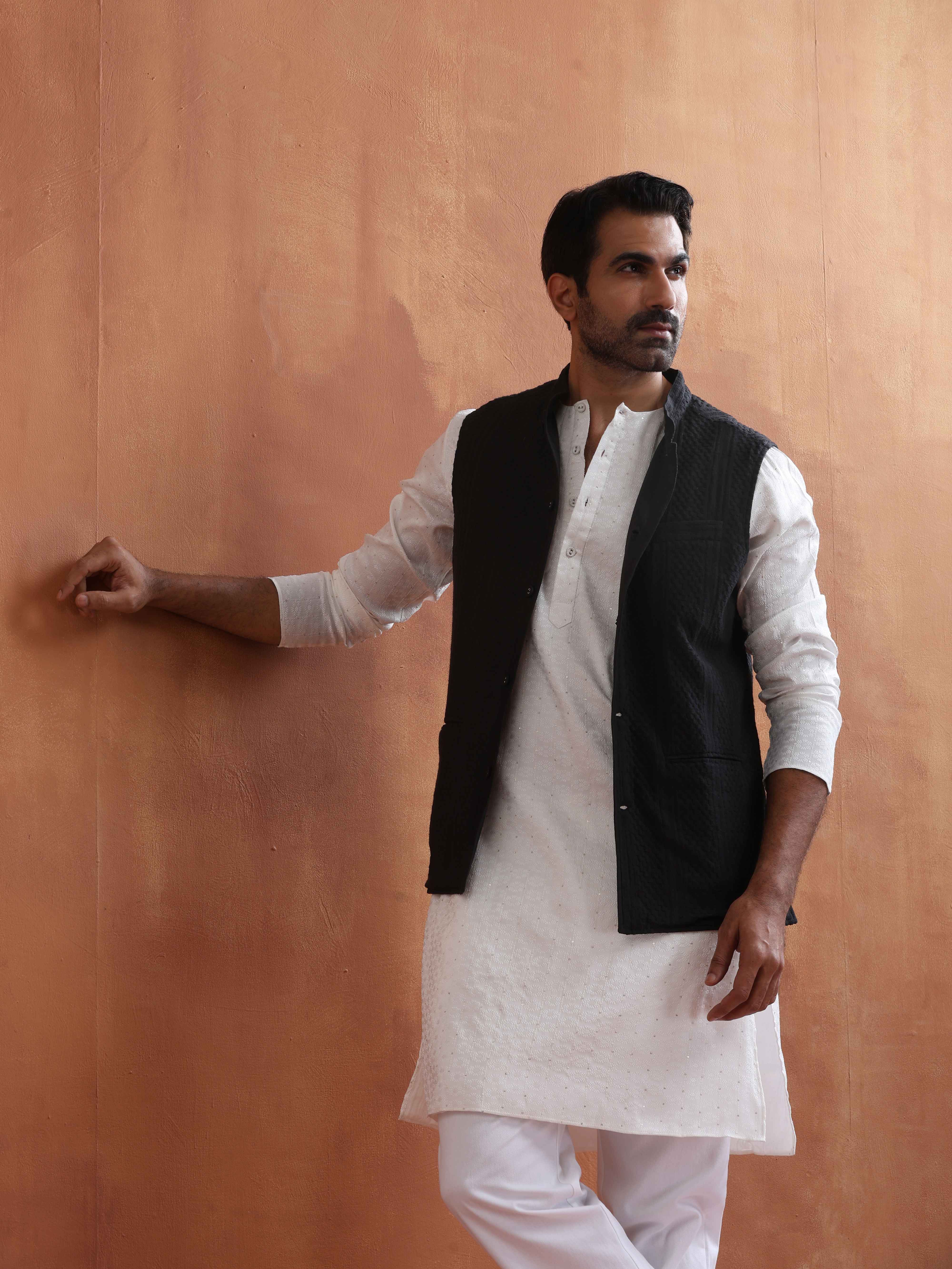 trueBrowns Men's Black Textured Cotton Dobby Nehru Jacket - Distacart