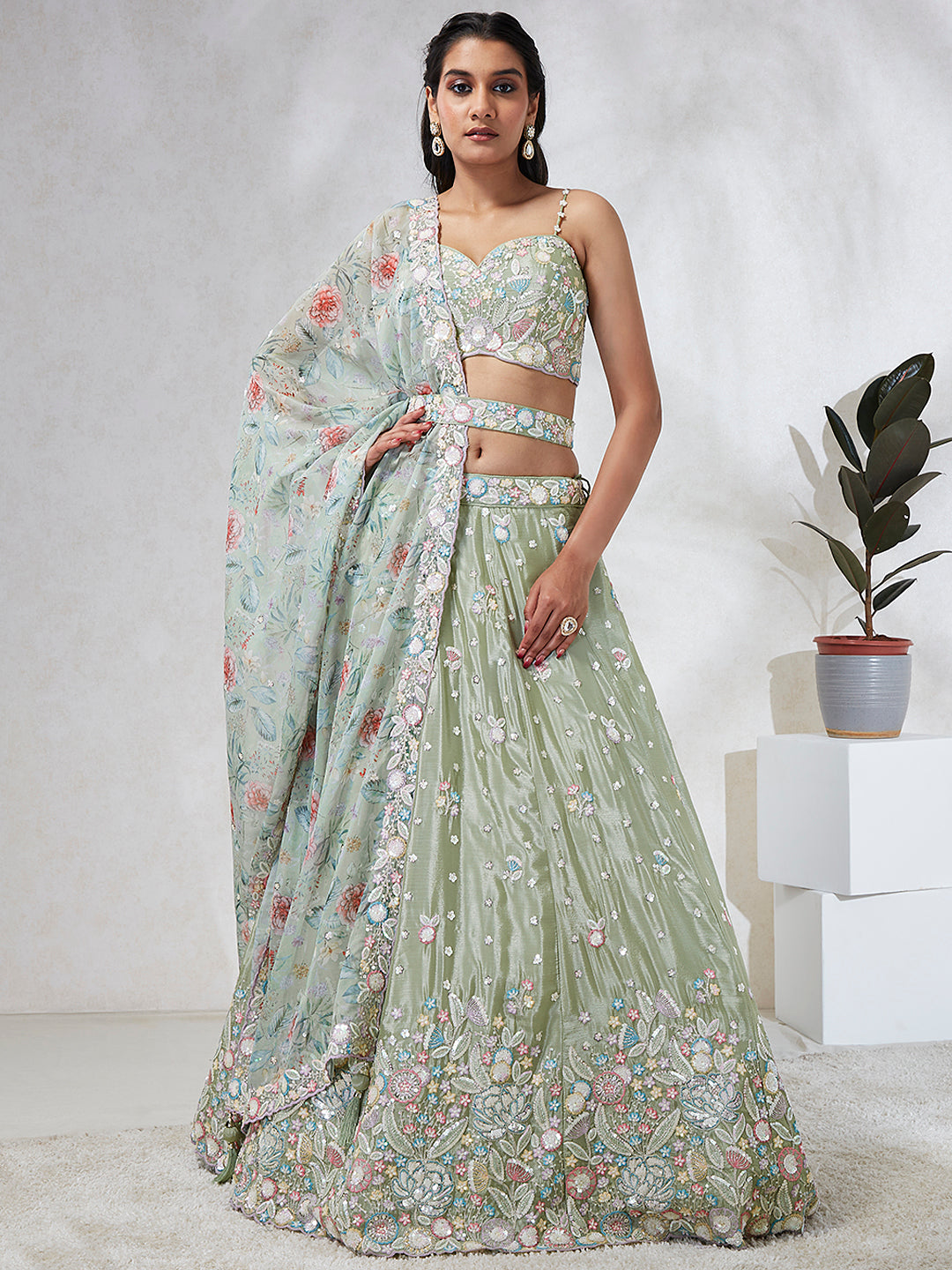 House of Panchhi Lime Green Chiffon Sequins And Thread Embroidery Lehenga Choli & Dupatta - Distacart