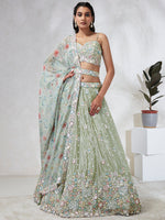 Thumbnail for House of Panchhi Lime Green Chiffon Sequins And Thread Embroidery Lehenga Choli & Dupatta - Distacart