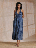 Thumbnail for trueBrowns Indigo Dabu Floral Print Cotton Sleeveless Dress | Relove