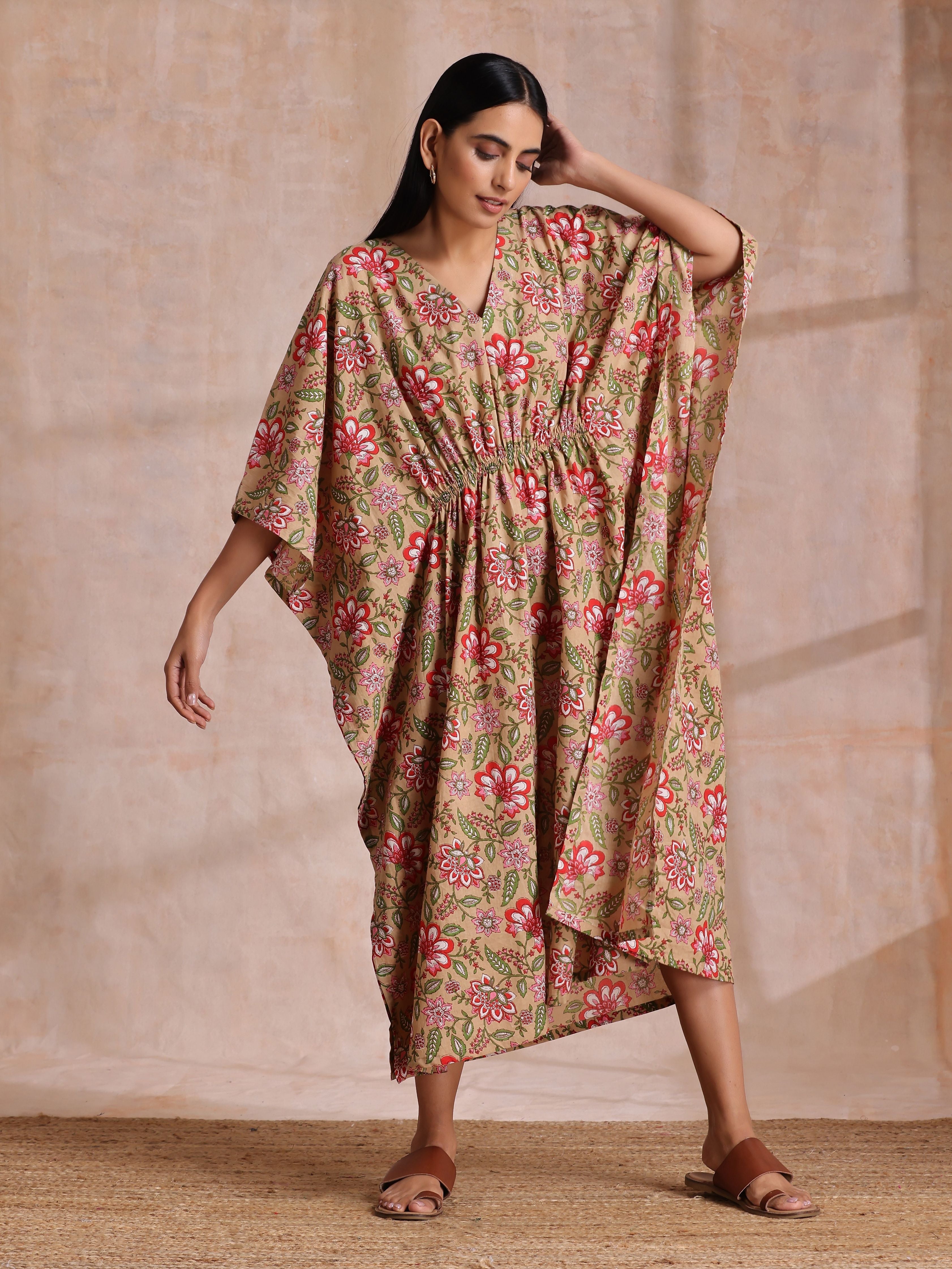 trueBrowns Beige Overall Big Floral Block Print Cotton Kaftan Dress - Distacart