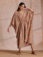 Thumbnail for trueBrowns Beige Overall Big Floral Block Print Cotton Kaftan Dress - Distacart