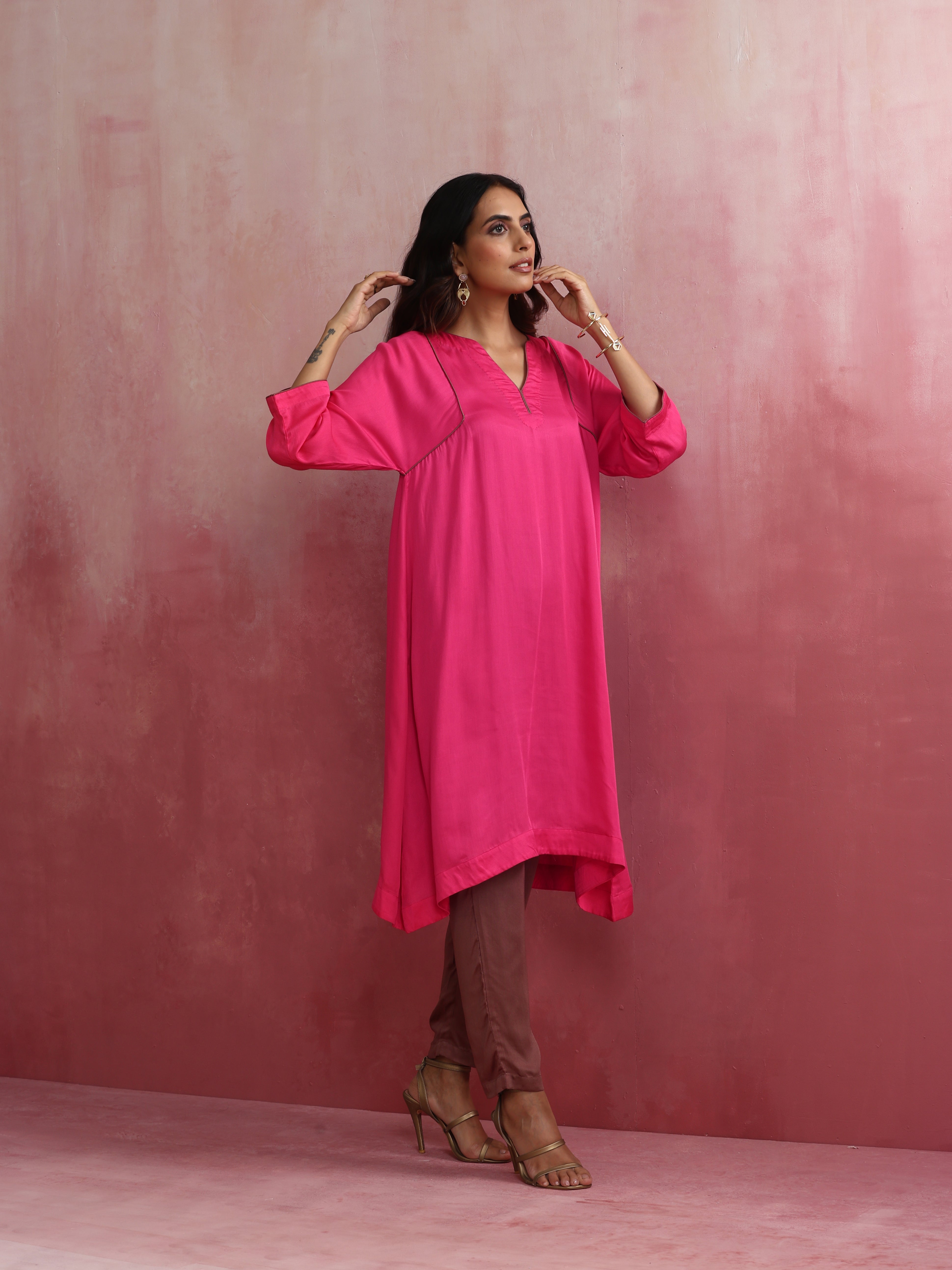 trueBrowns Pink Modal Kimono Kurta Set - Distacart