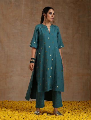 trueBrowns Deep Sea Gold Cotton Relaxed High-Low Kurta Set - Distacart