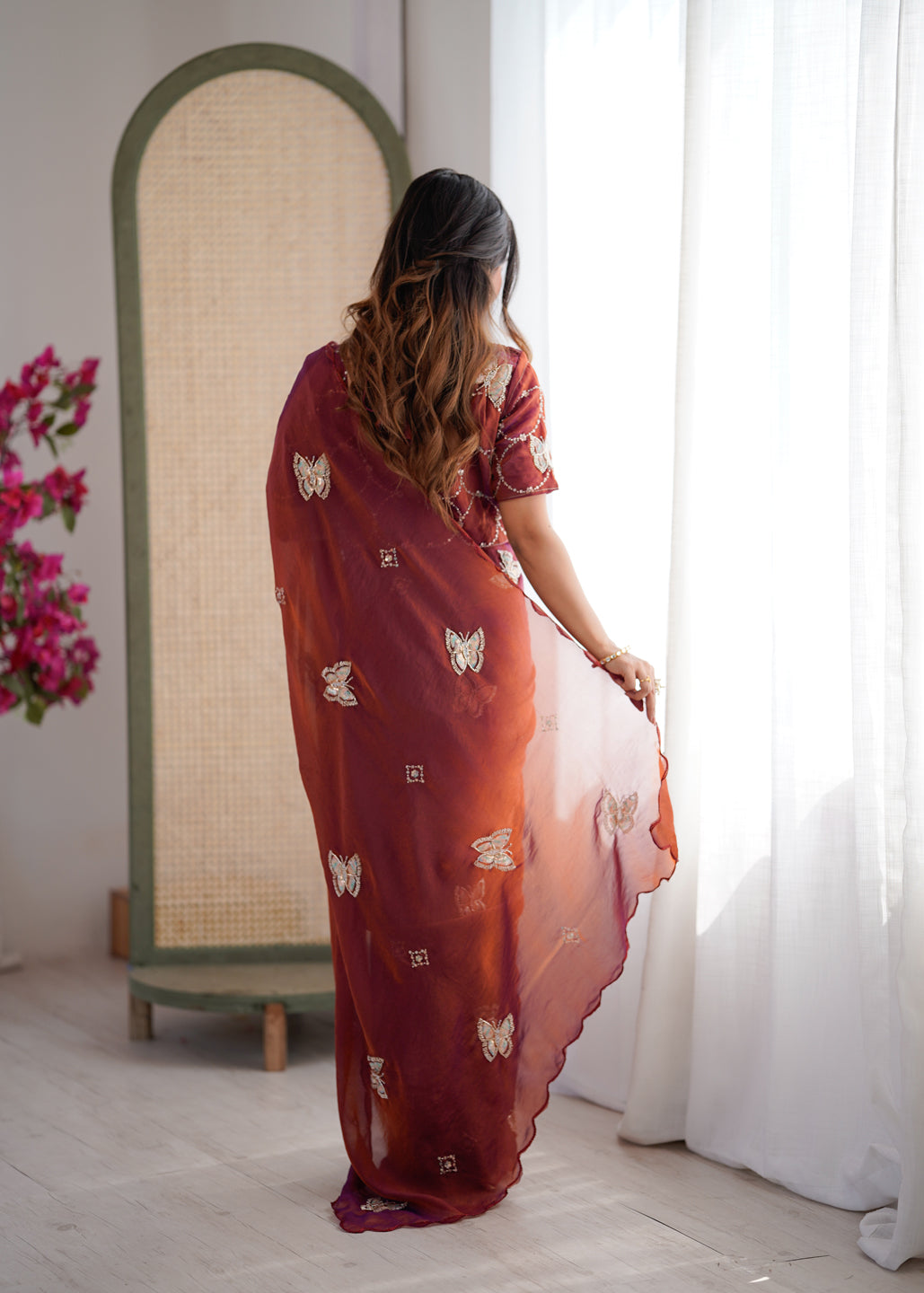 Evanik Rust Mos Silk With Handwork Butterfly Design Saree With Unstitched Blouse