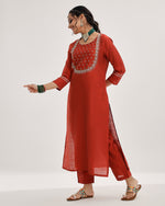 Thumbnail for Varanga Women Maroon & Silver Embroidered Straight Kurta With Solid Trouser And Printed Dupatta With Fringes