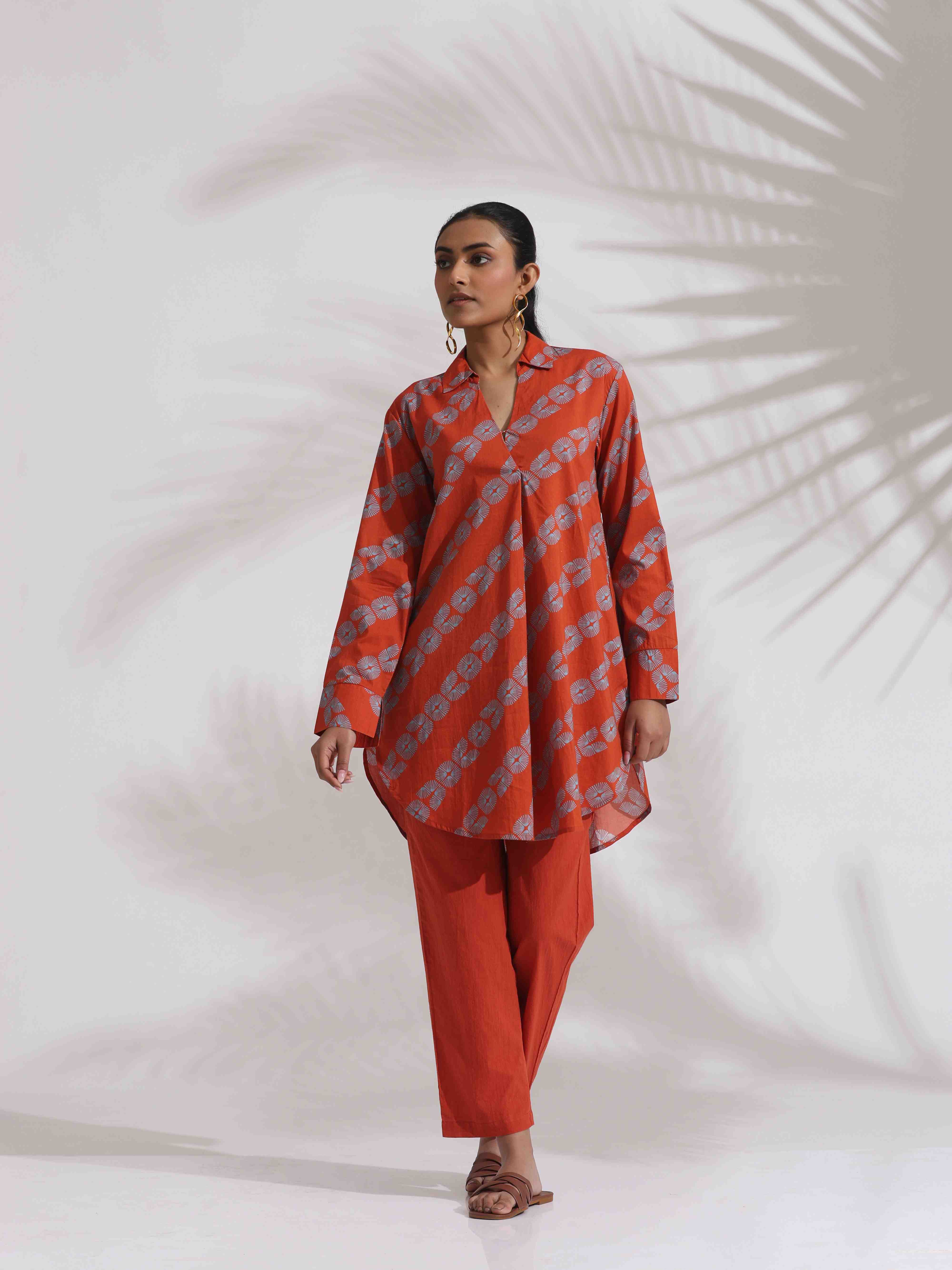 trueBrowns Orange Cotton Print Co-ord Set - Distacart