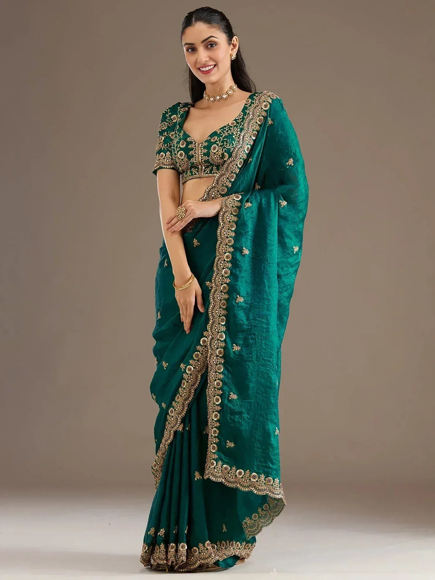 Tulsi Art Charming Green Zari Embroidered Silk Reception Wear Saree With Blouse - Dista