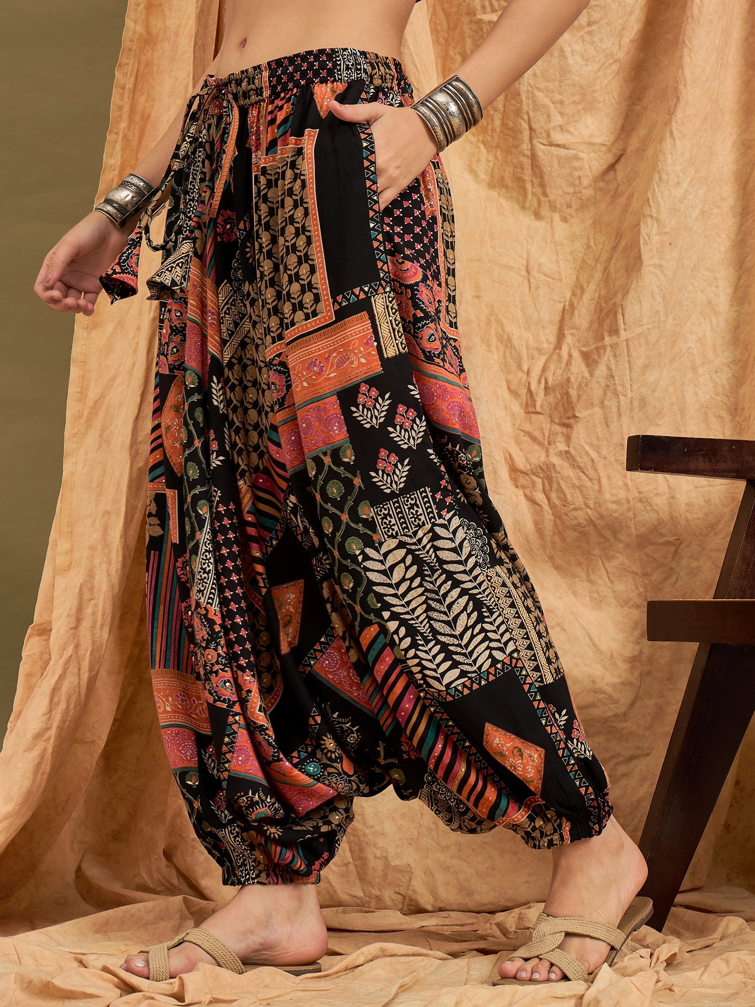 InWeave Black Multi Ethnic Harem Pant - Distacart