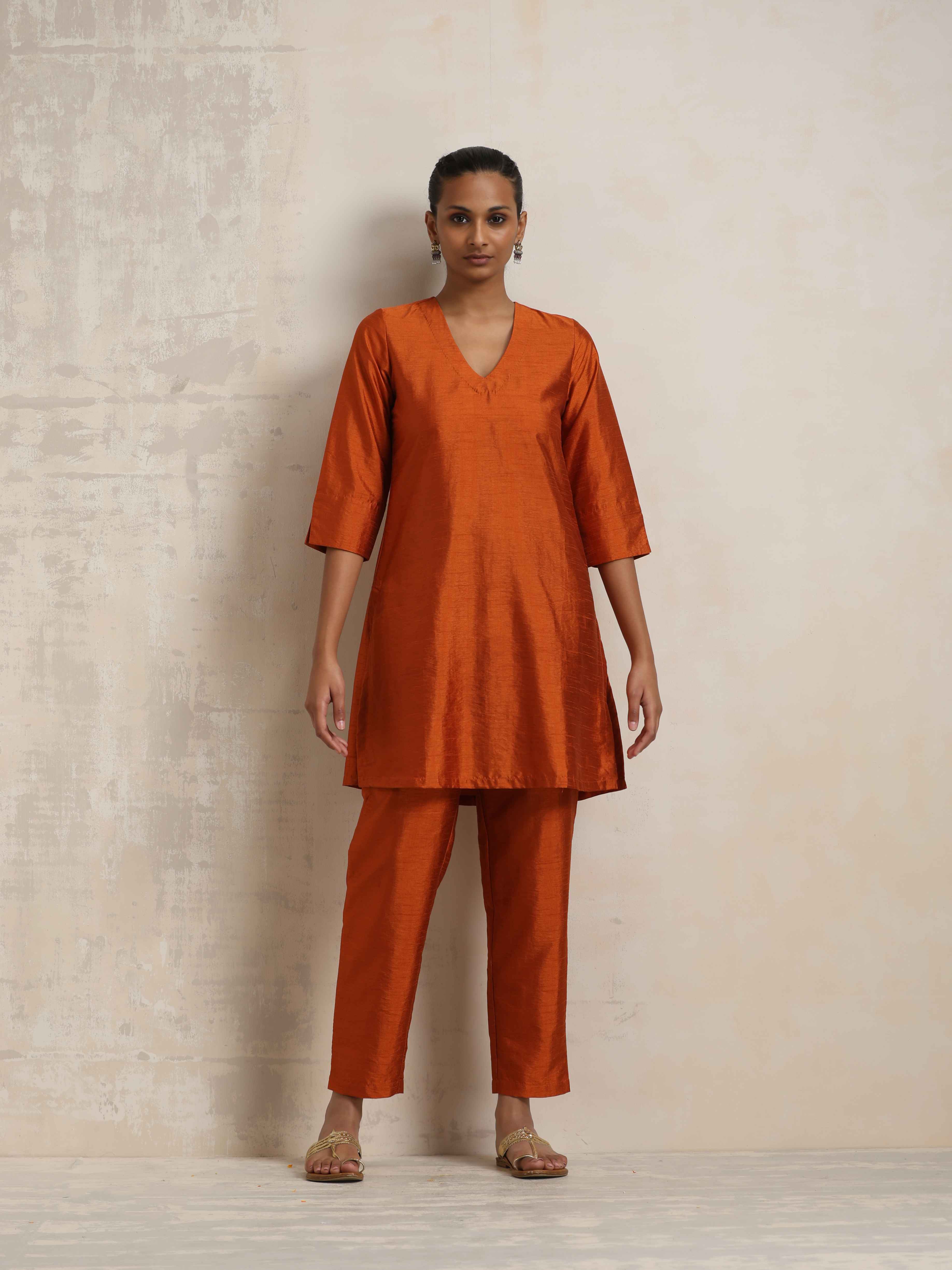 trueBrowns Orange Silk Kurta Co-ord Set - Distacart