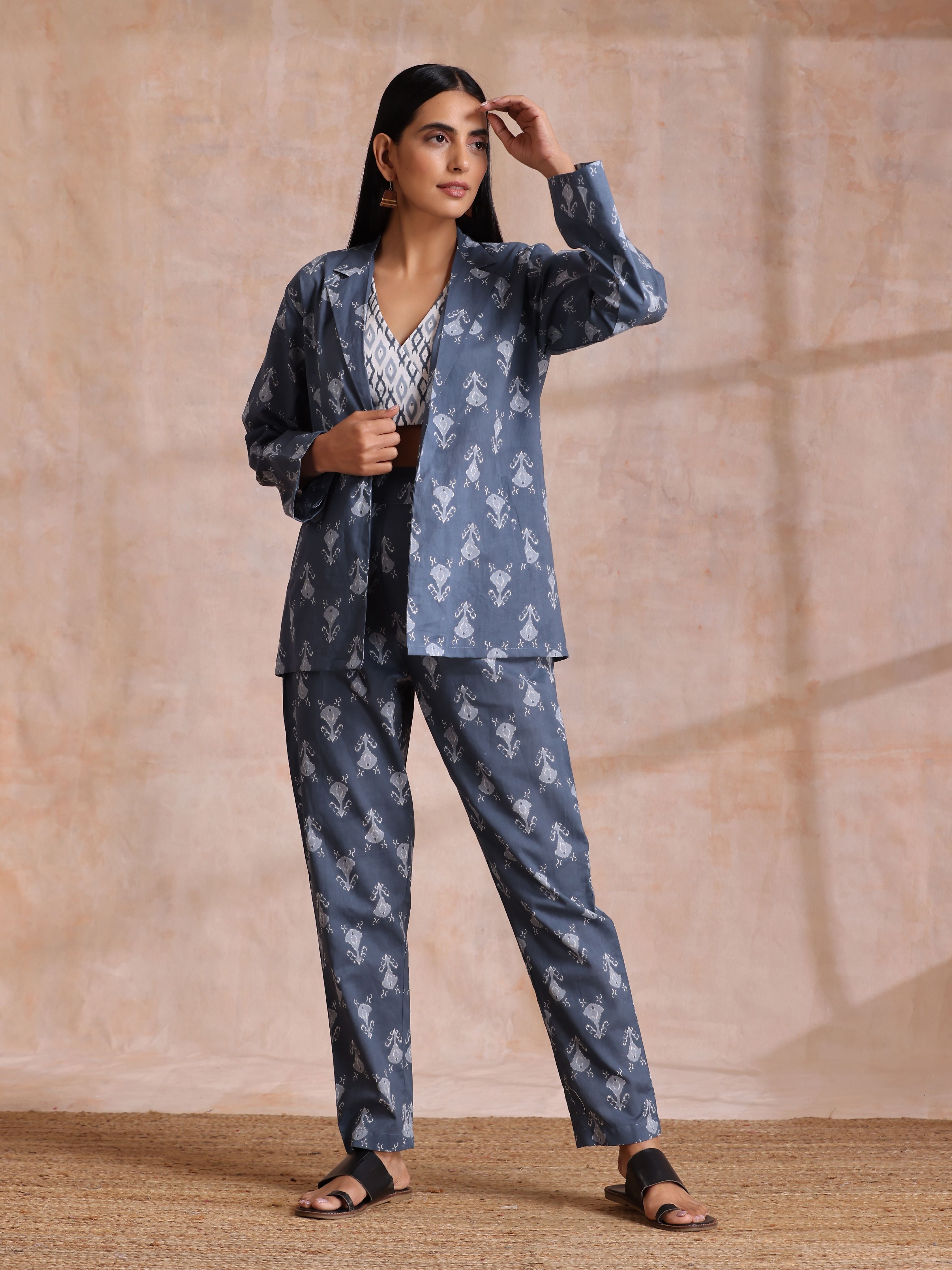 trueBrowns Grey On Grey Ikat Print Cotton Pant Suit Set - Distacart