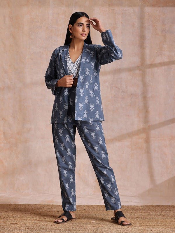 trueBrowns Grey On Grey Ikat Print Cotton Pant Suit Set - Distacart