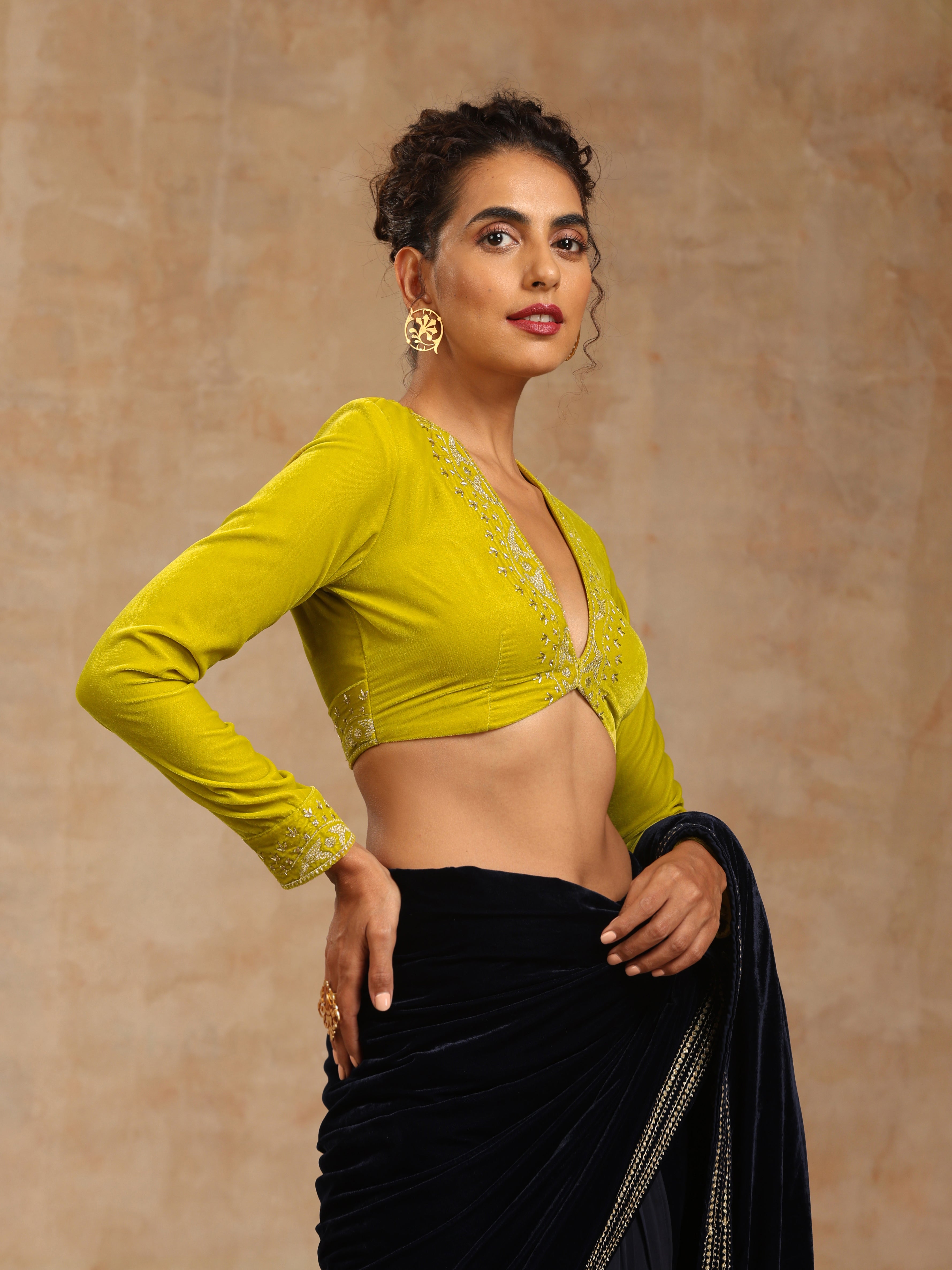 trueBrowns Lime Velvet Embroidered Blouse - Distacart