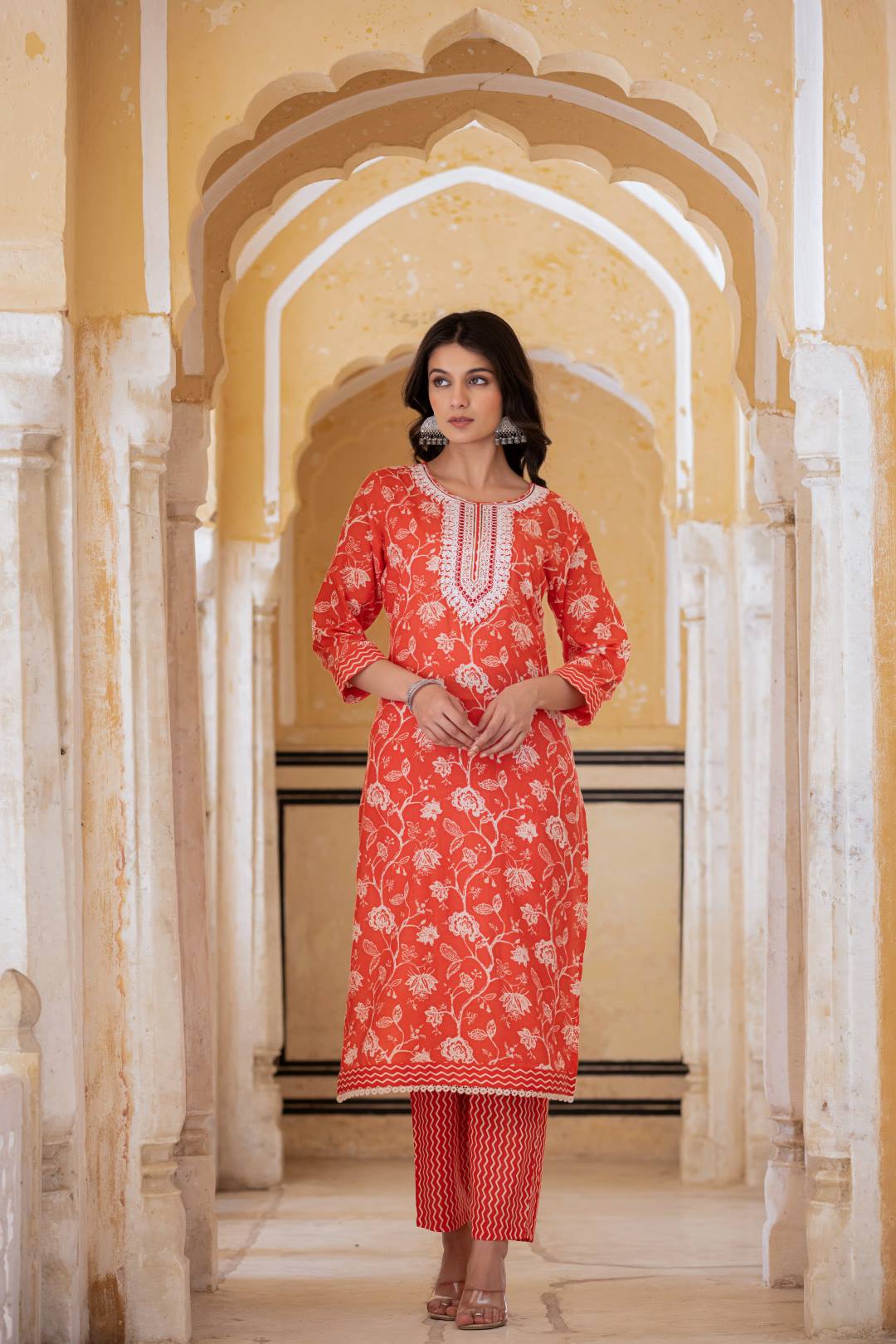 Varanga Women Red Printed Round Neck Straight Kurta With Bottom And Dupatta - Distacart