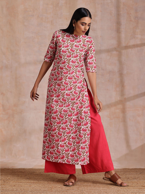 trueBrowns Pink Brown Overall Floral On White Block Print Cotton Slit Kurta Pant Set - Distacart