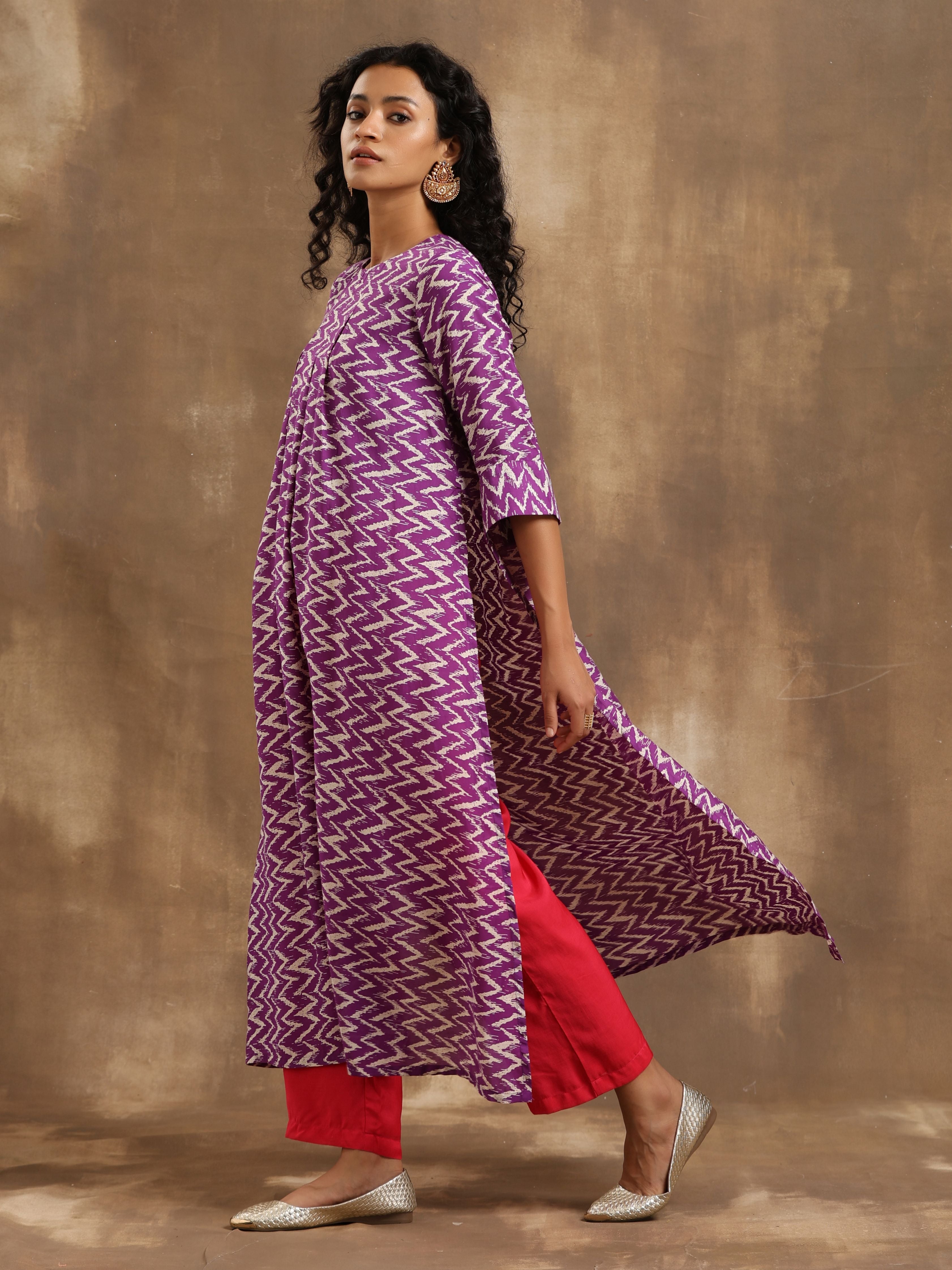 trueBrowns Purple Zig-Zag Printed Silk Kurta Pant Set - Distacart