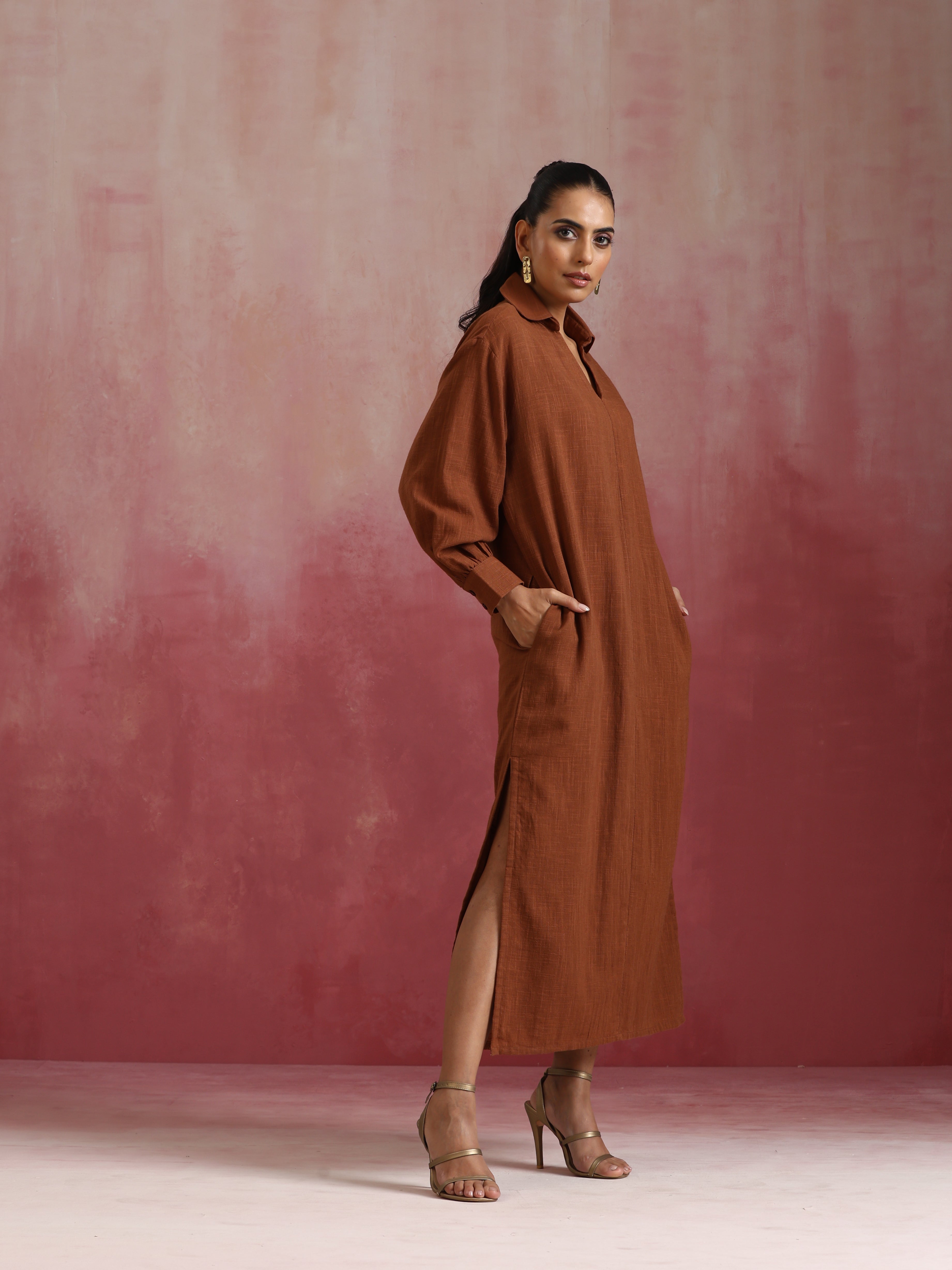 trueBrowns Brown Cotton Dobby Dress - Distacart