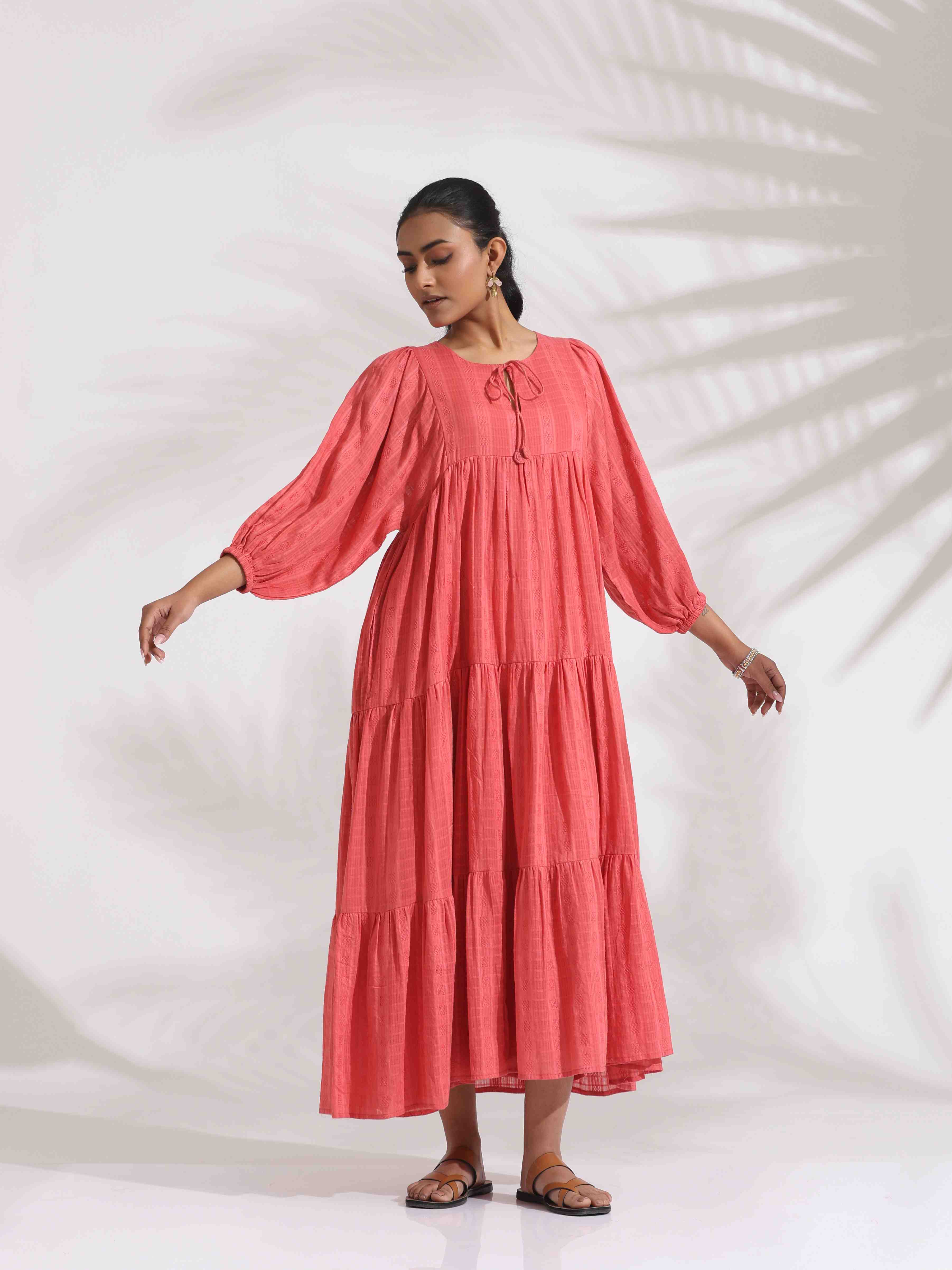 trueBrowns Pink Cotton Tier Dress - Distacart