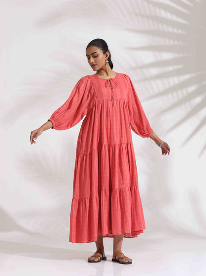 trueBrowns Pink Cotton Tier Dress - Distacart