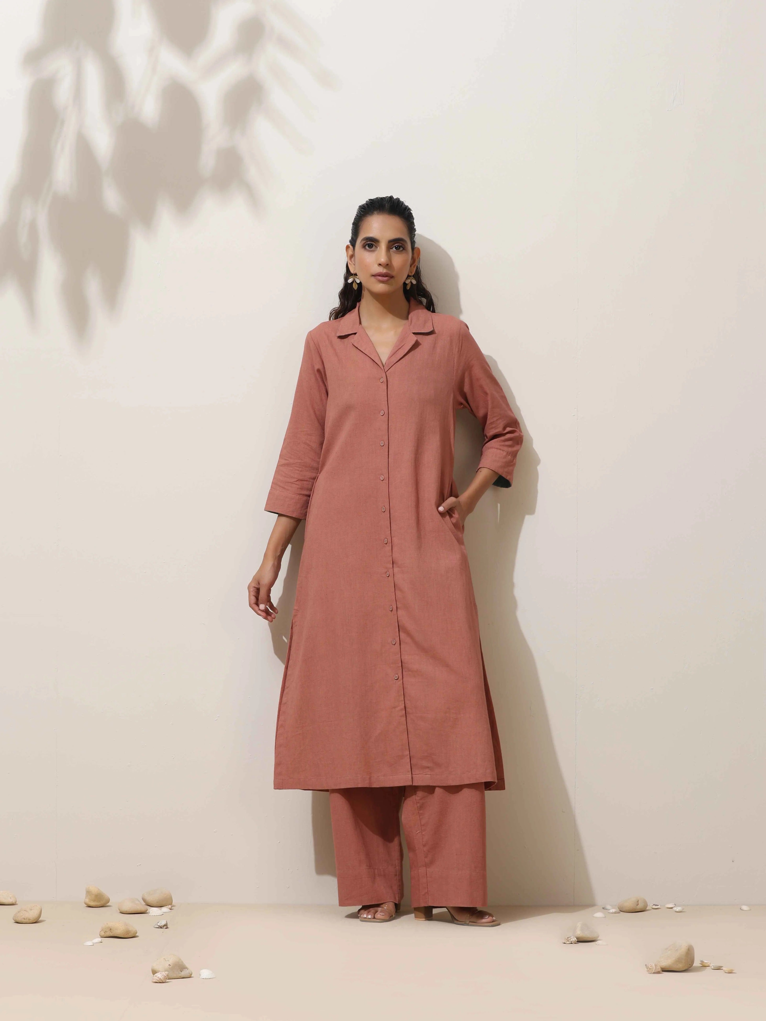 trueBrowns Peach Cotton Linen Kurta Pant Set - Distacart