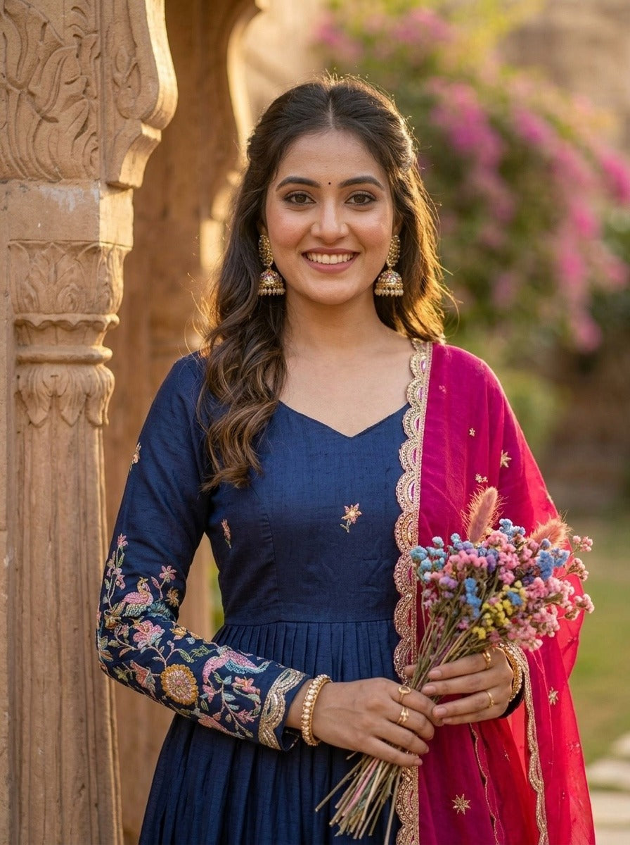 Anaita Navy Silk Readymade Anarkali Suit with Thread Embroidery & Sequence Work - Dista