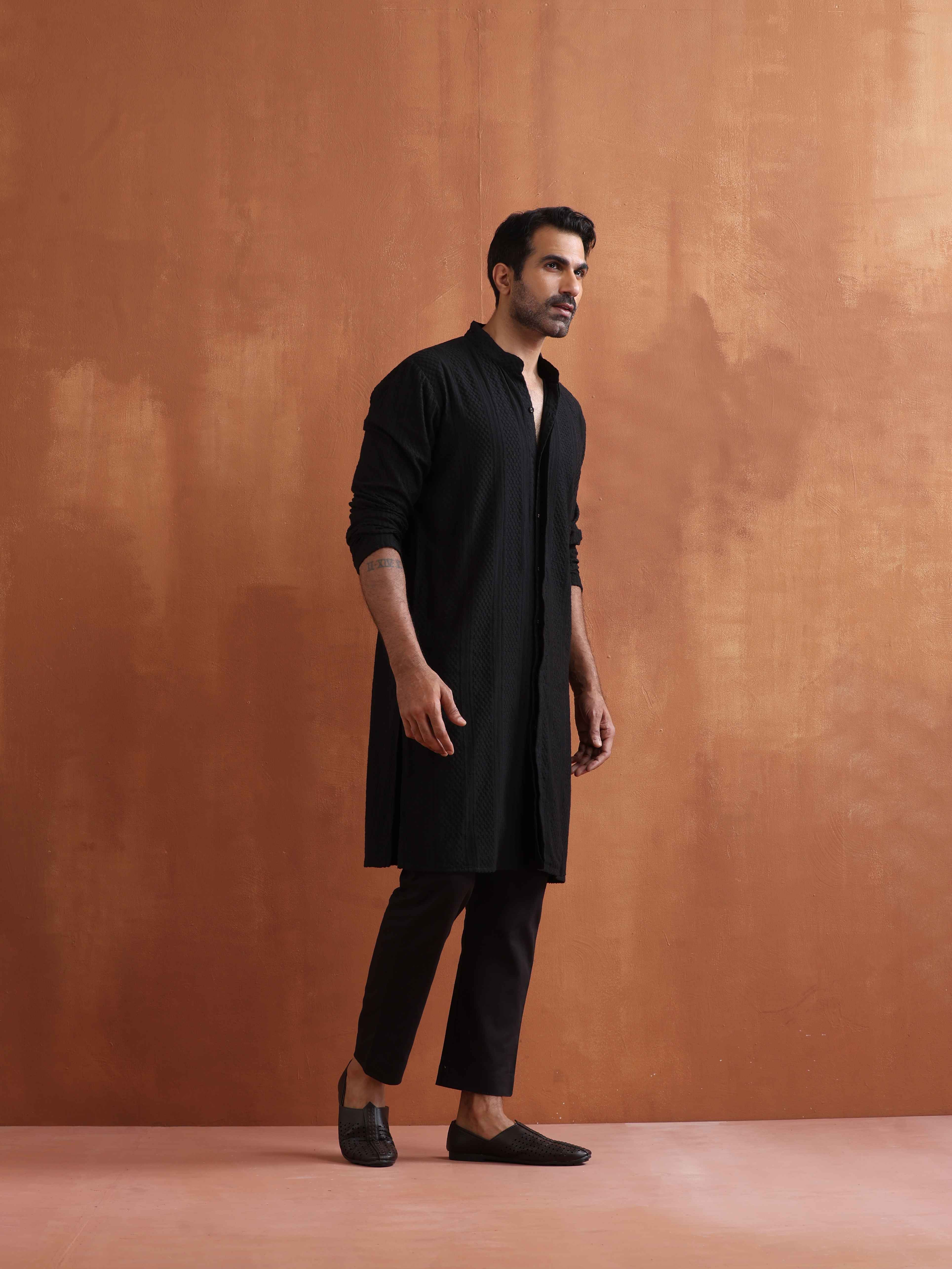 trueBrowns Men's Black Textured Cotton Dobby Front Open Kurta - Distacart
