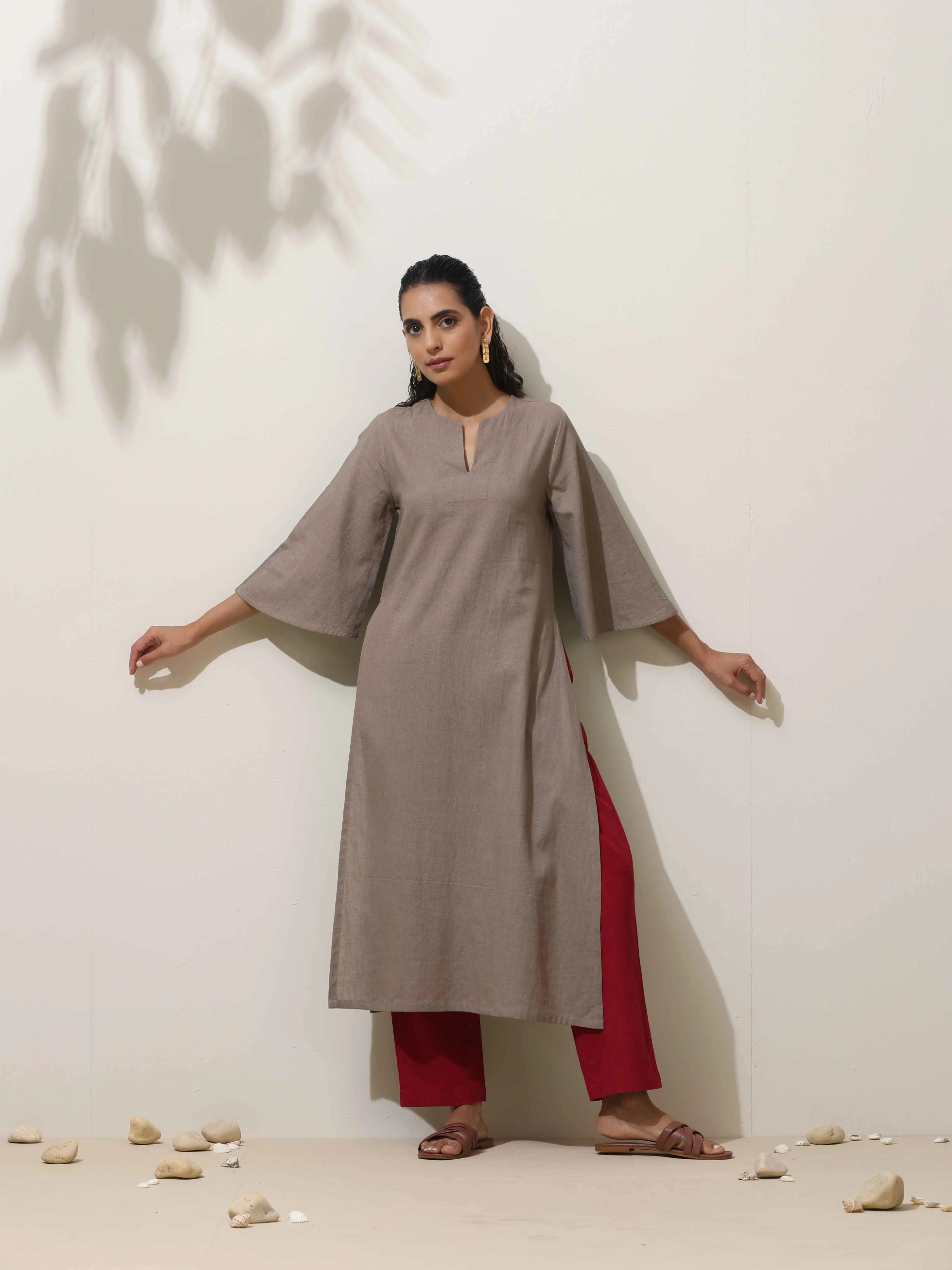 trueBrowns Grey Cotton Linen Kurta Pant Set - Distacart