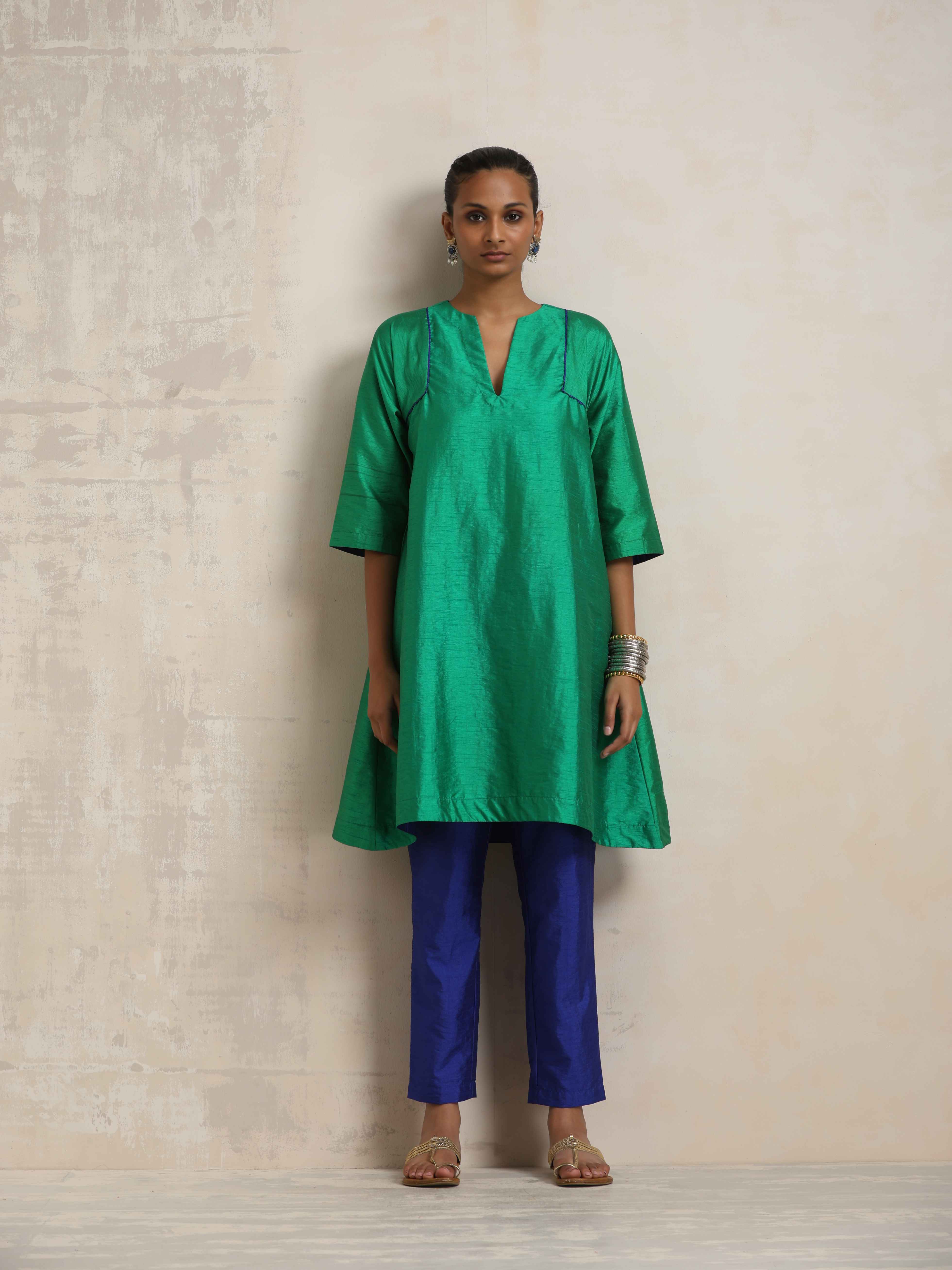 trueBrowns Bright Green Silk Kurta Co-ord Set - Distacart