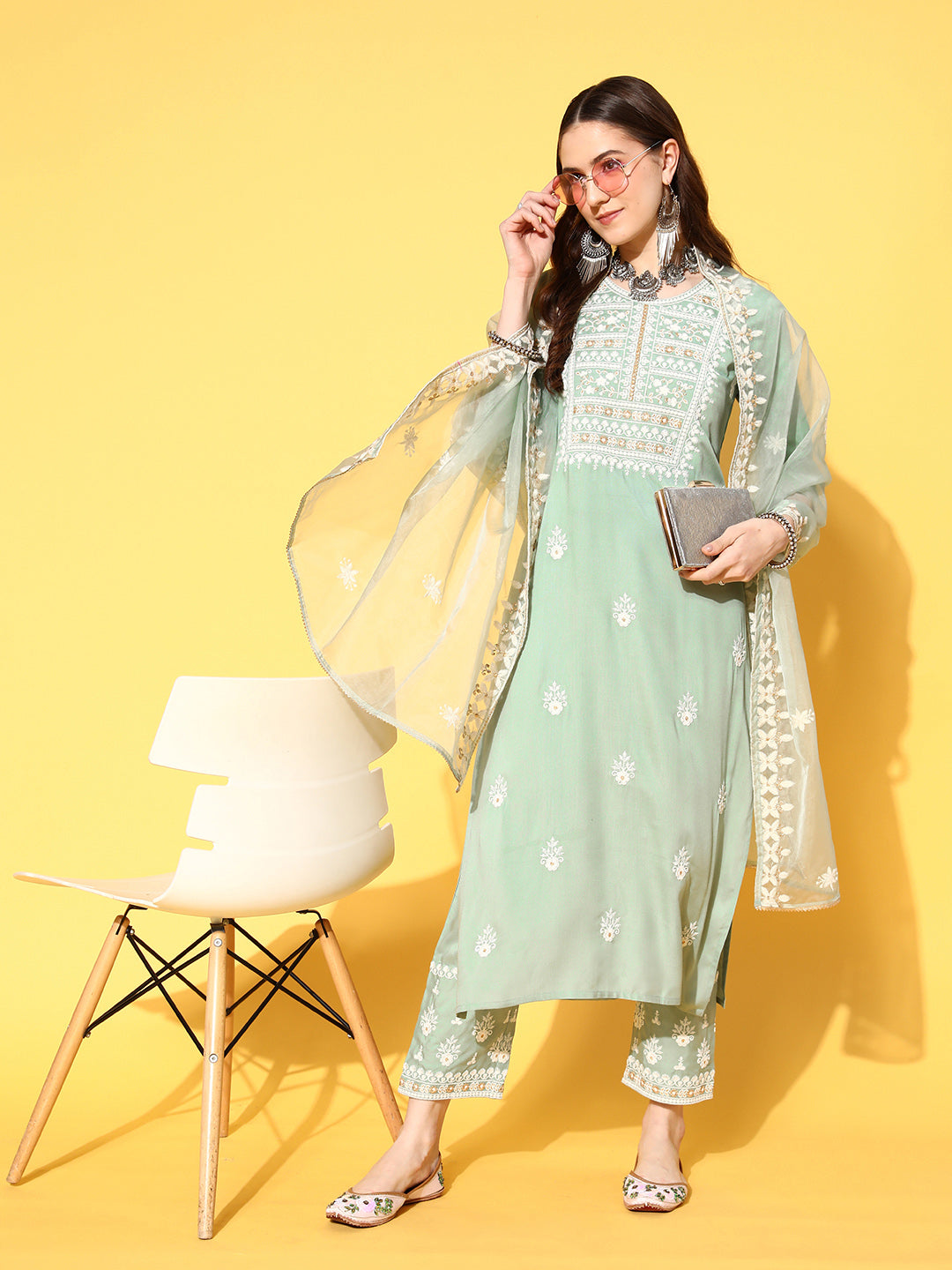 Varanga Women Sea Green Embroidered Kurta Paired With Tonal Trouser And Dupatta - Distacart