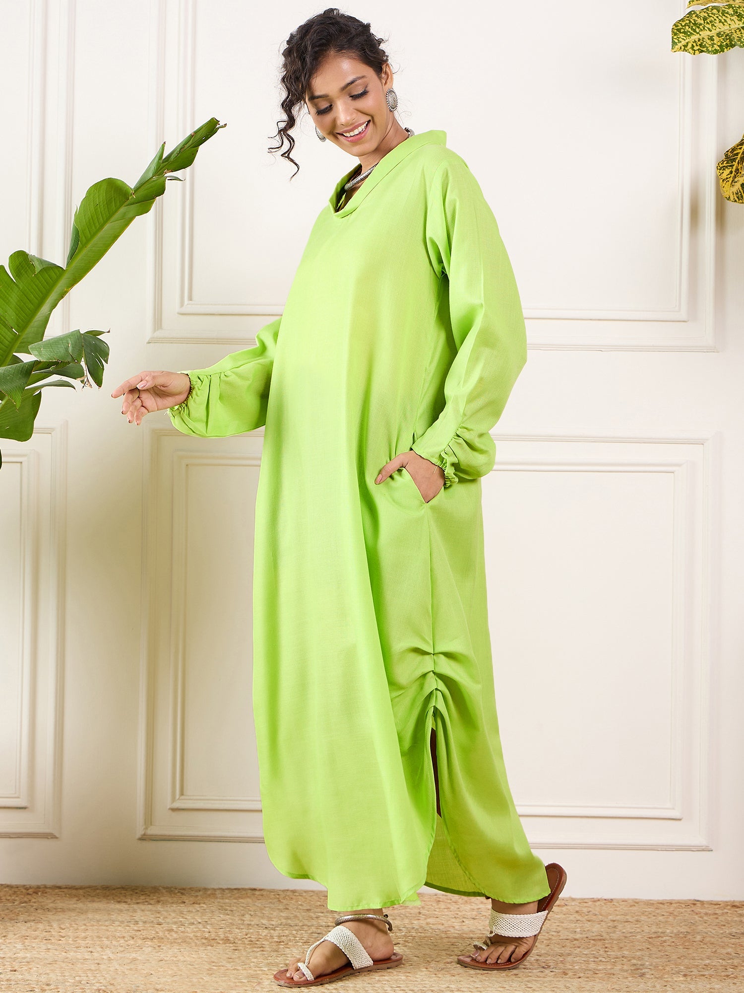 InWeave Neon Green Shawl Neck Long Side Pleat Dress - Distacart