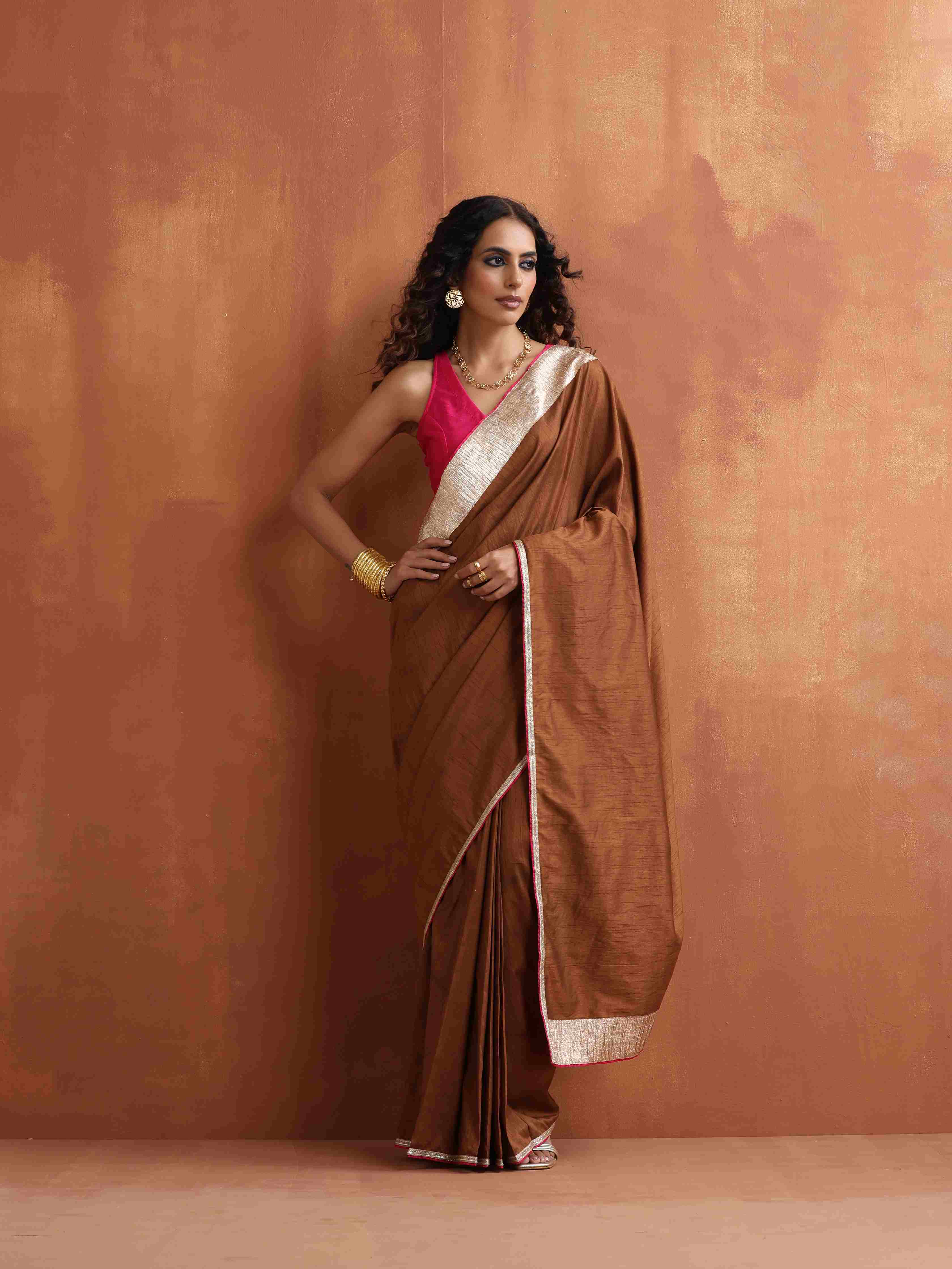 trueBrowns Brown Silk Ready To Wear Saree - Distacart