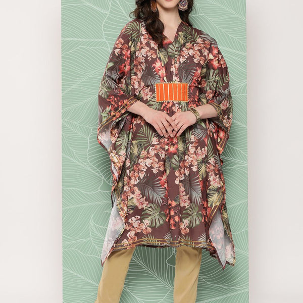 Ahalyaa Women Floral Printed Flared Sleeves Gotta Patti Crepe Kaftan Kurta - Distacart
