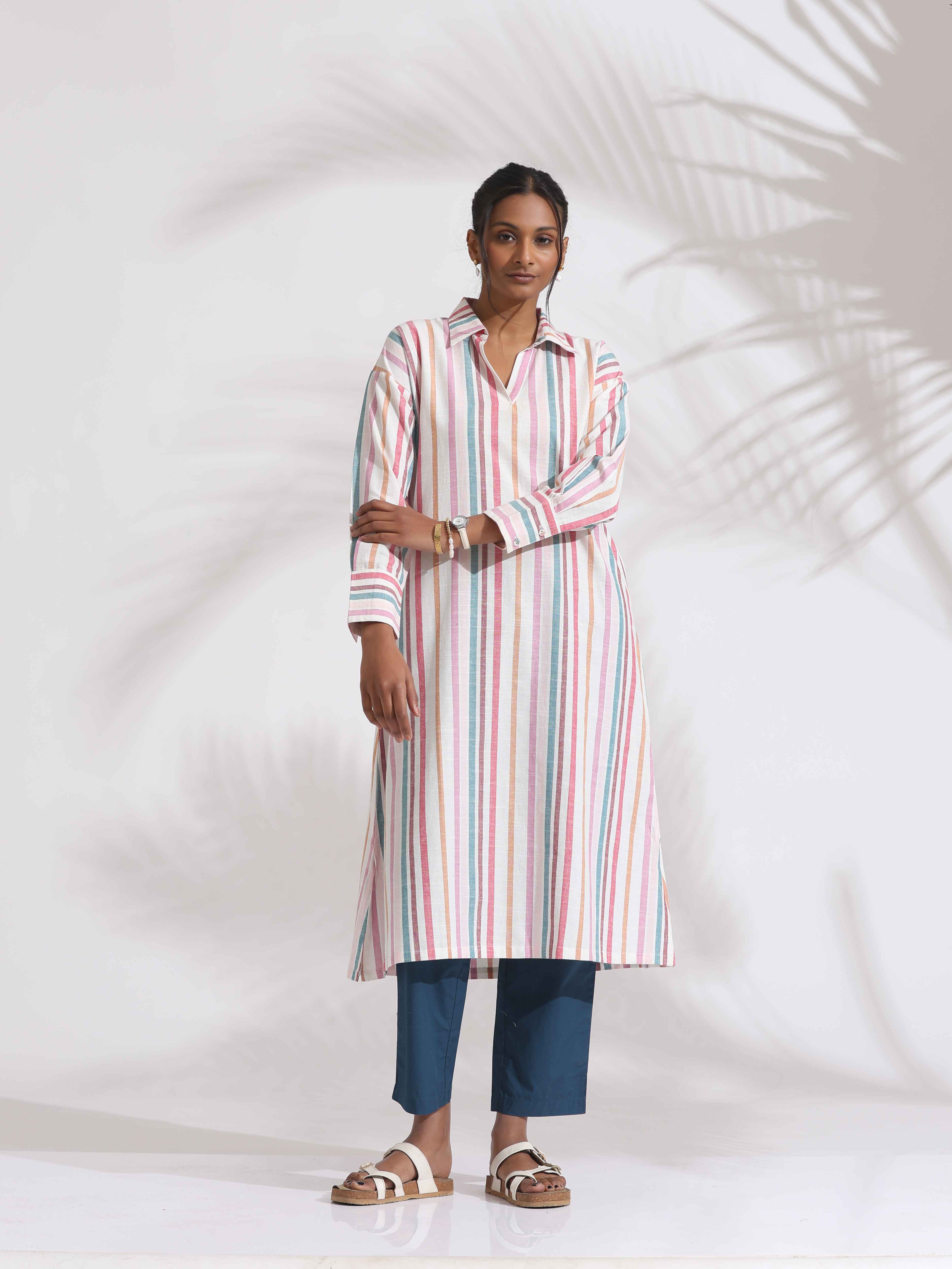 trueBrowns Off-White Cotton Multi Stripe A-line Kurta Set - Distacart