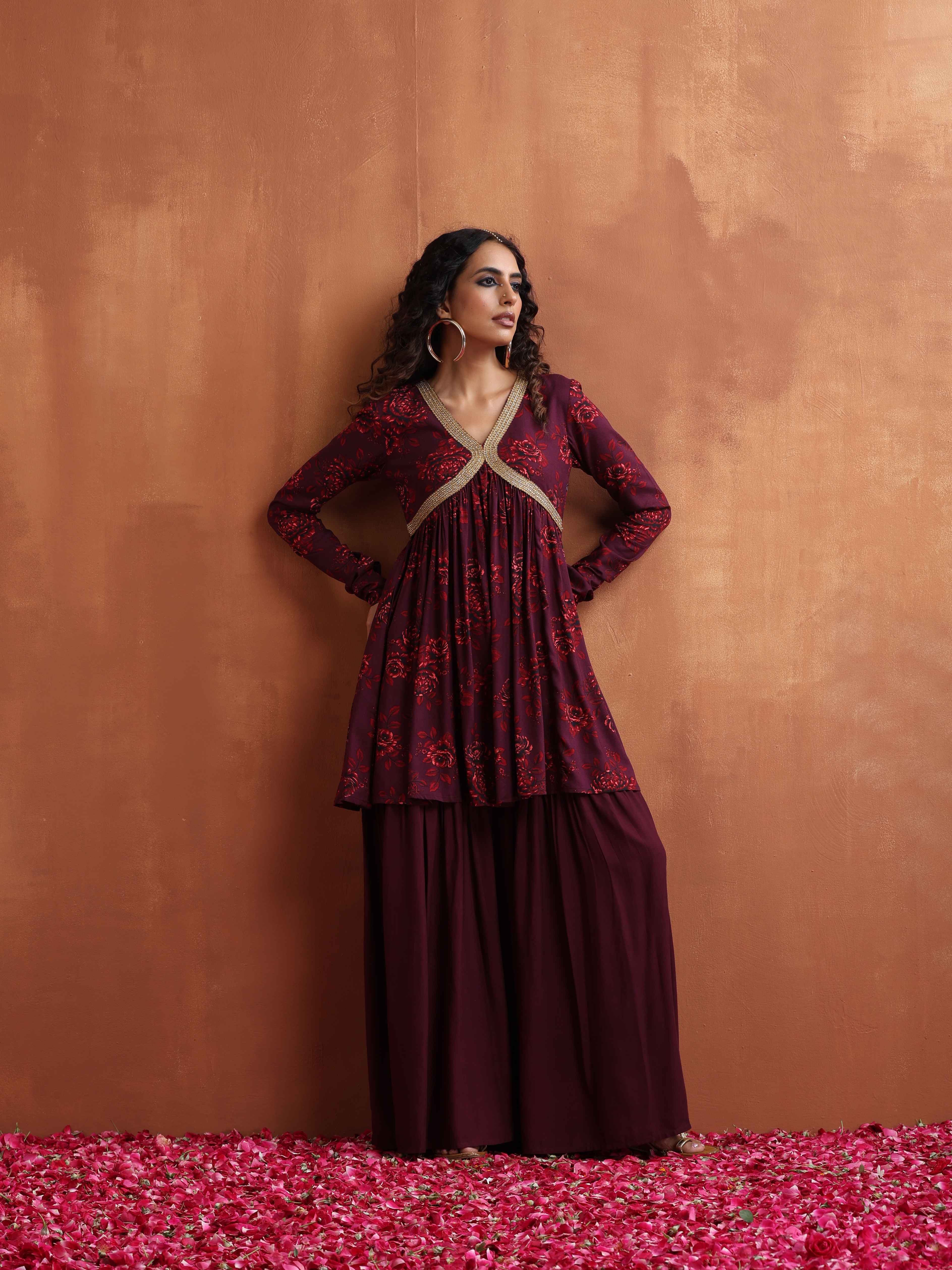 trueBrowns Purple Floral Print Sharara Set - Distacart