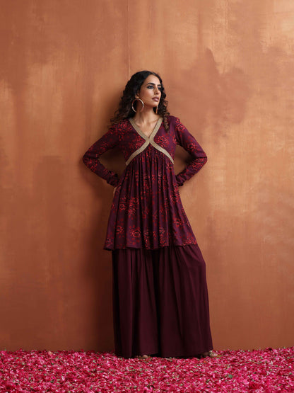trueBrowns Purple Floral Print Sharara Set - Distacart