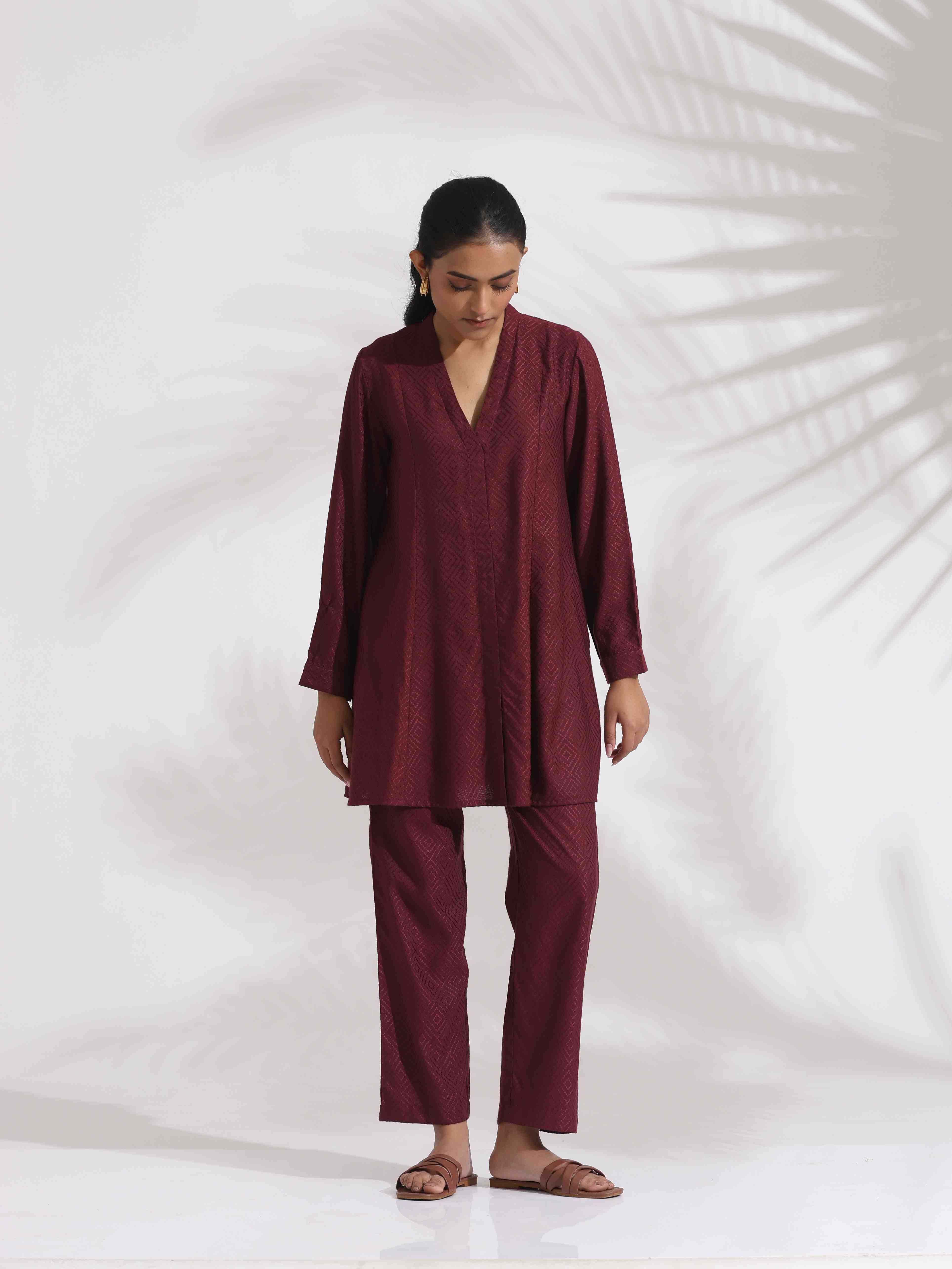 trueBrowns Maroon Dobby Co-ord Set - Distacart