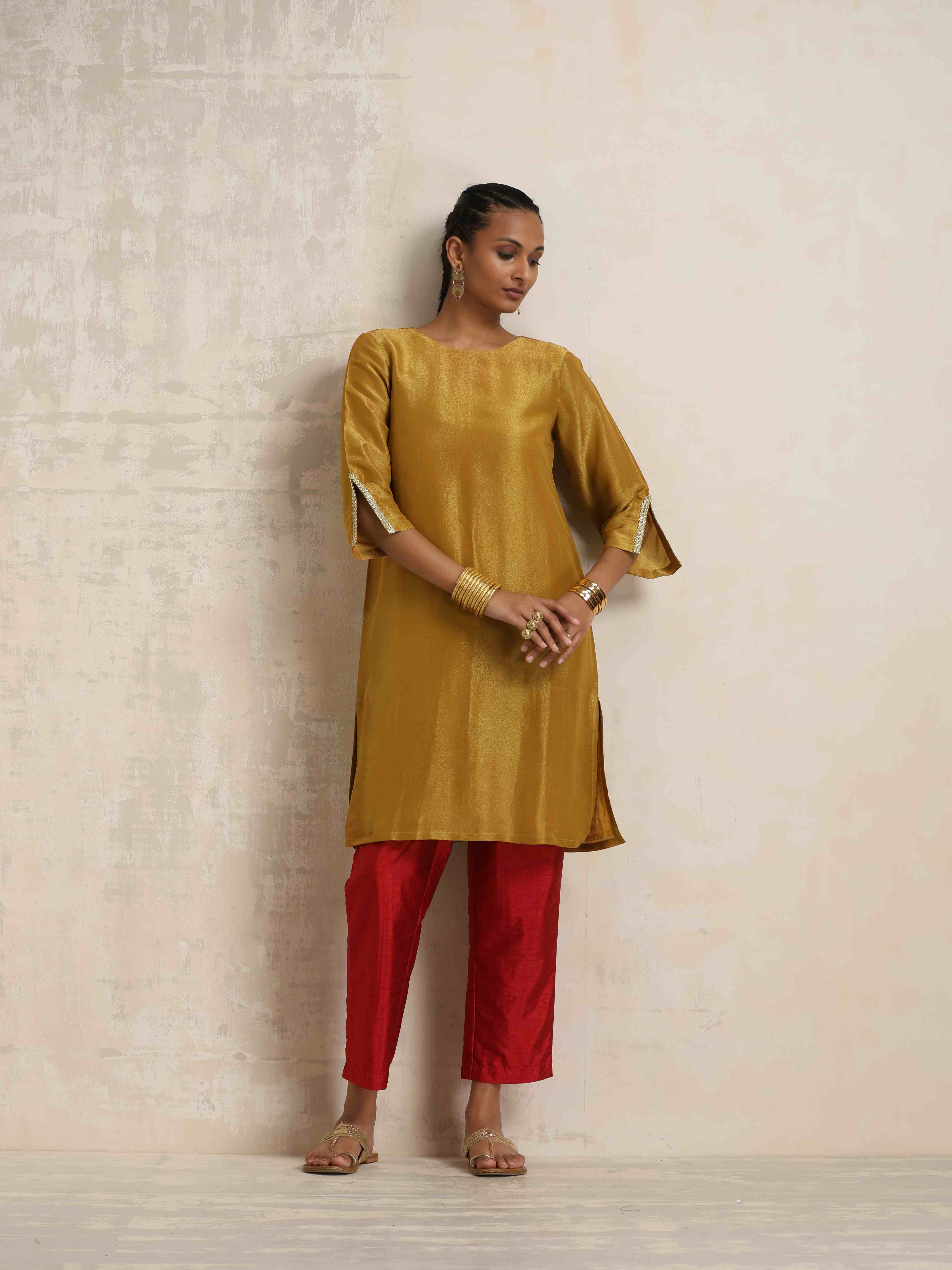 trueBrowns Gold Tissue Kurta Co-ord Set - Distacart