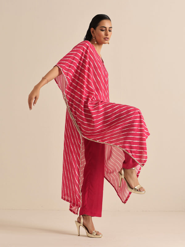 trueBrowns Pink Lehariya Printed Silk Kaftan Pant Set - Distacart