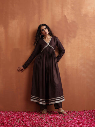 trueBrowns Brown Metallic Flared Anarkali Kurta Set - Distacart
