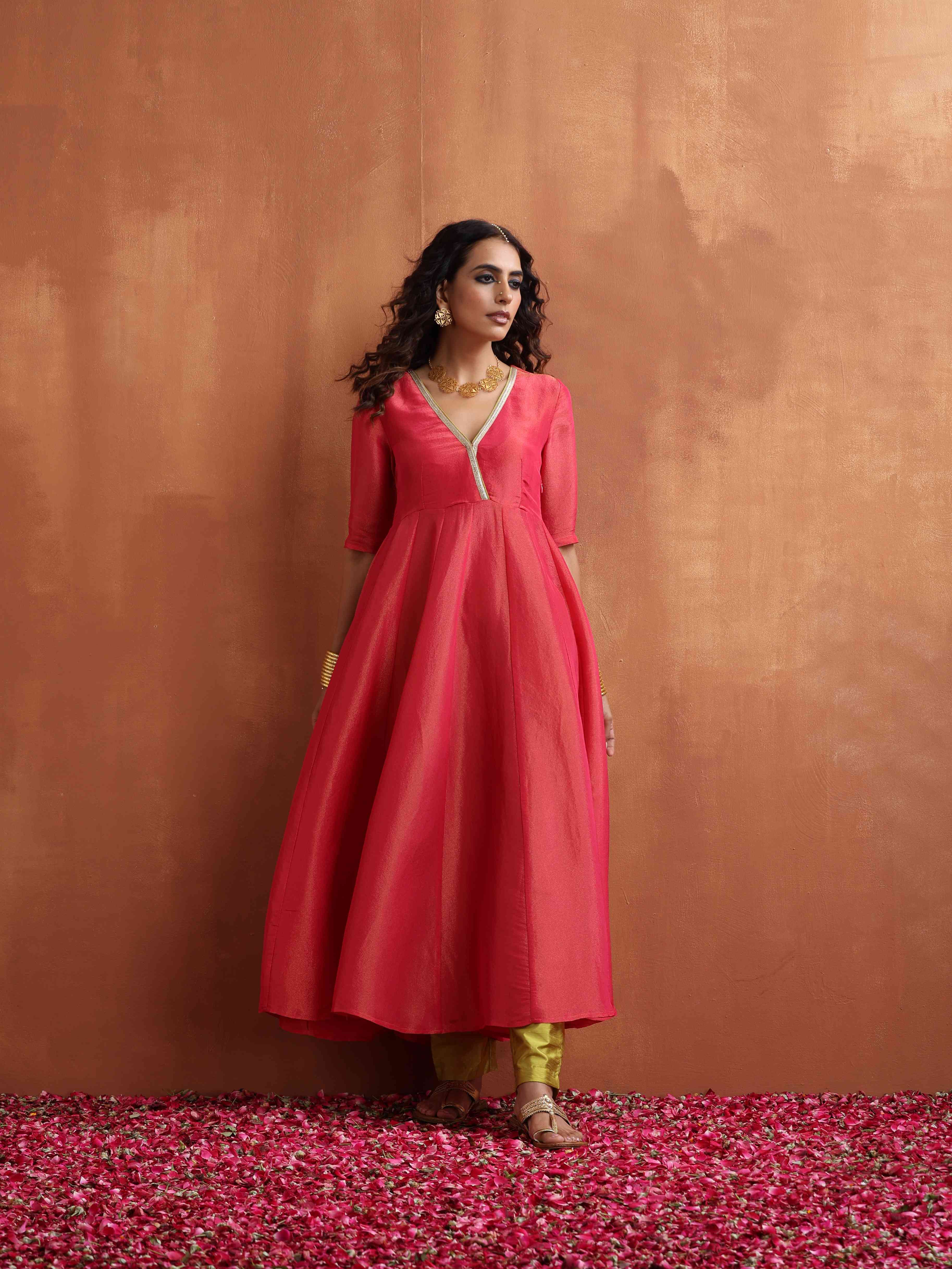 trueBrowns Hot Pink Tissue Flared Anarkali Kurta Set - Distacart