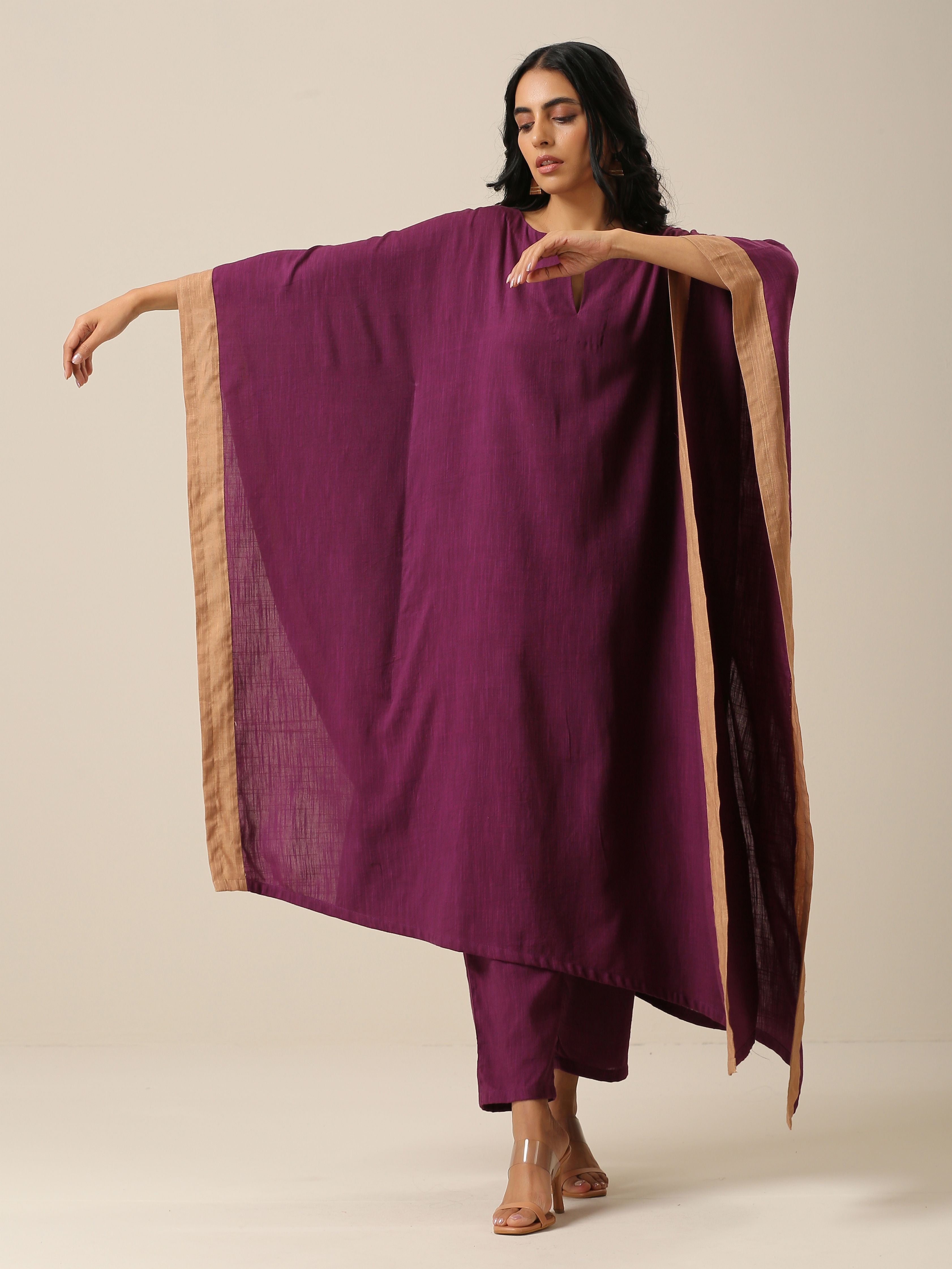 trueBrowns Plum Purple Slub Texture High Low Kaftan Pant Set - Distacart
