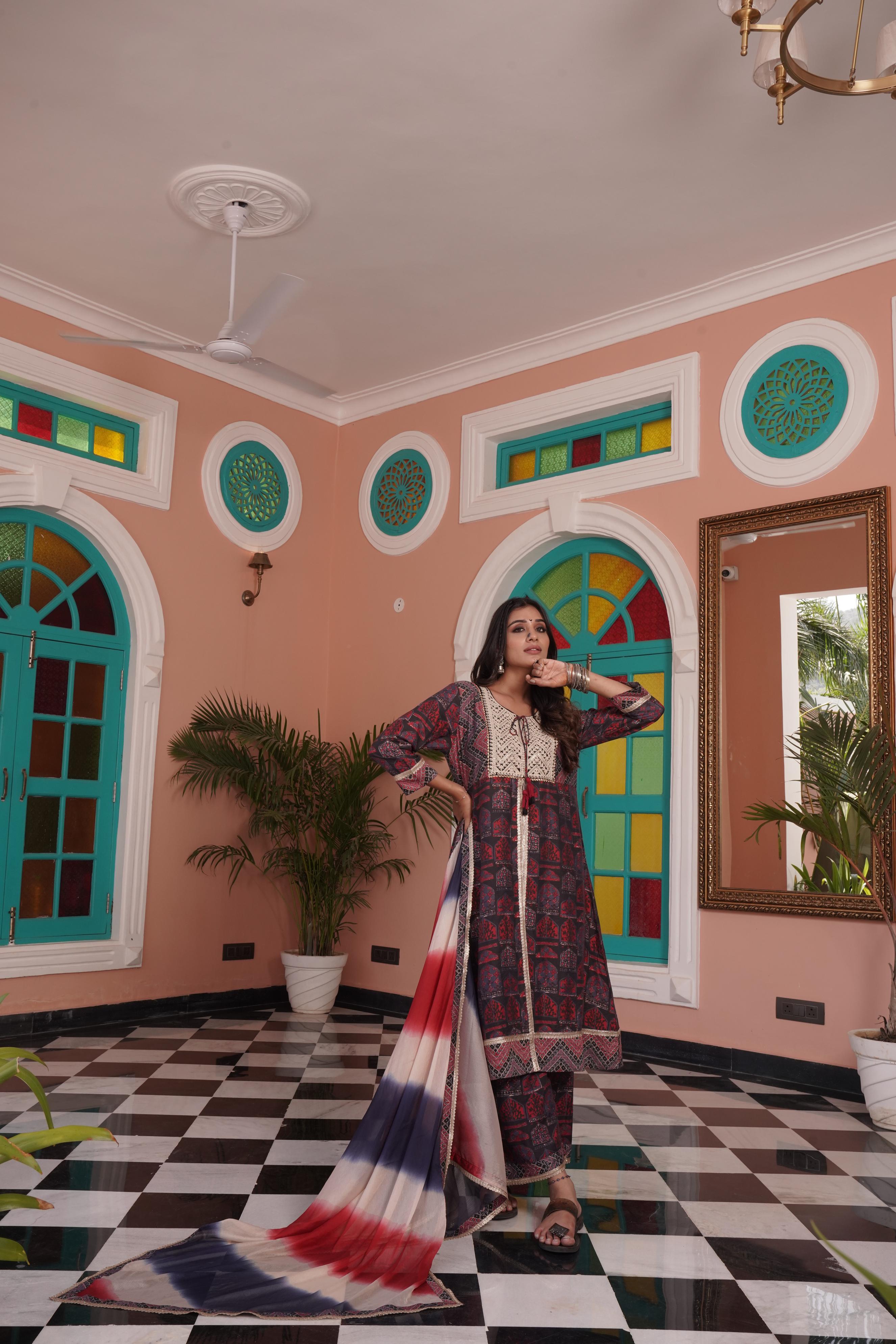 BulBul Sarita Chanderi Red Kurta Set with Dupatta