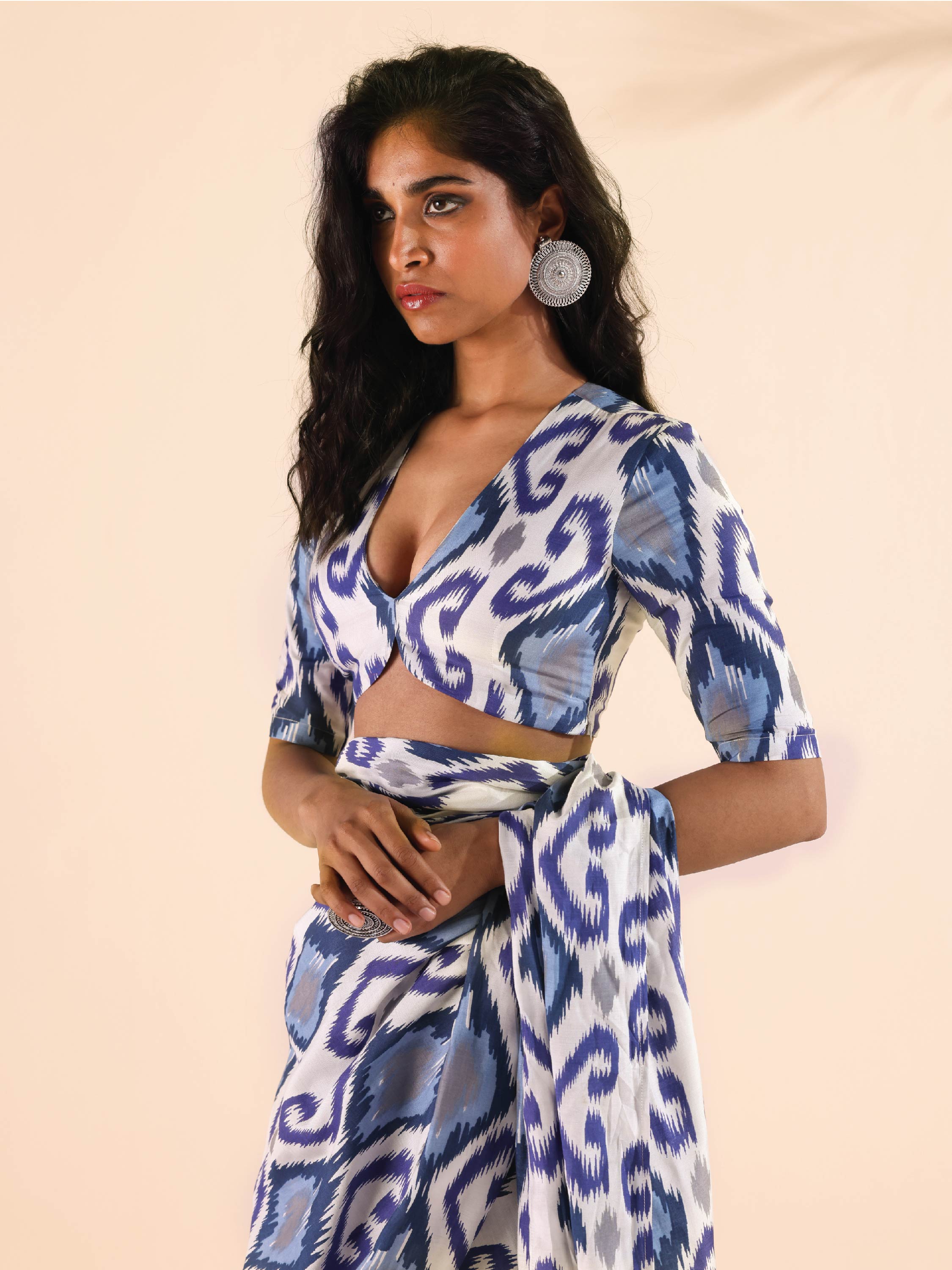 trueBrowns Blue Muslin Ikat Deep V-Neck Blouse - Distacart