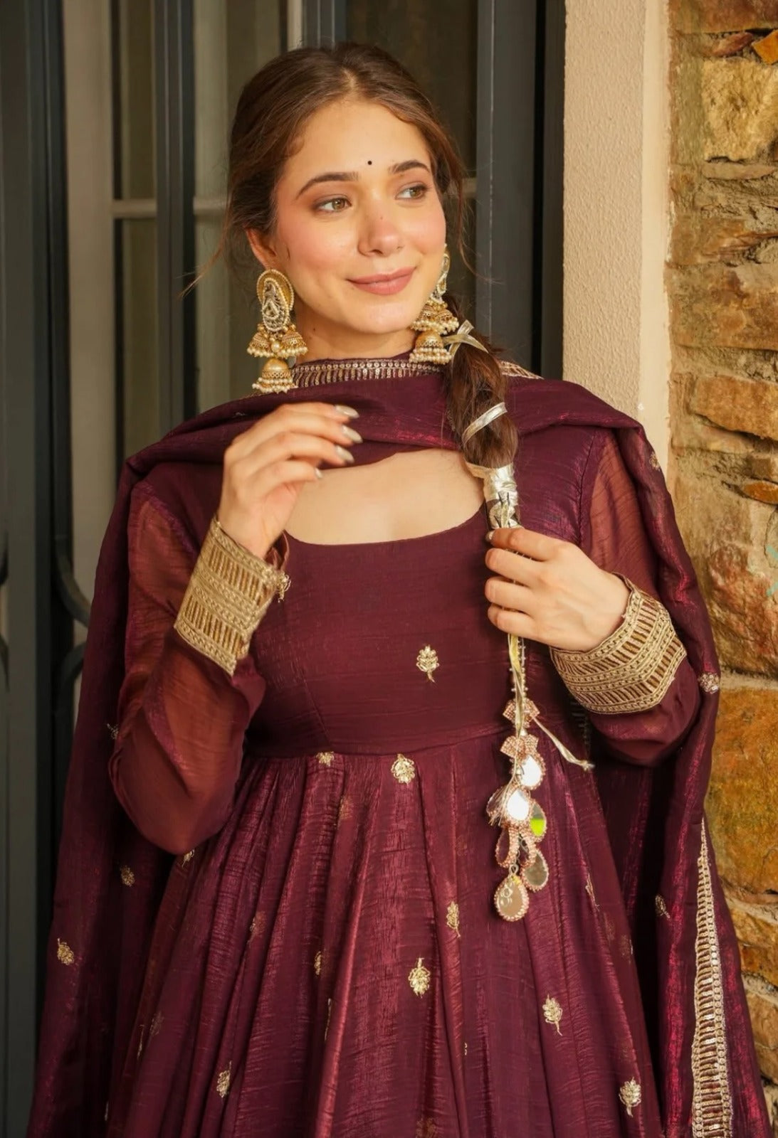 Anaita Chocolate Silk Anarkali Readymade Suit with Embroidery & Sequence Work - Dista