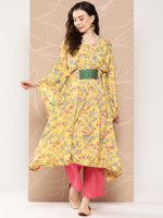 Thumbnail for Ahalyaa Women Floral Printed Flared Sleeves Gotta Patti Floral Crepe Kaftan Kurta - Distacart