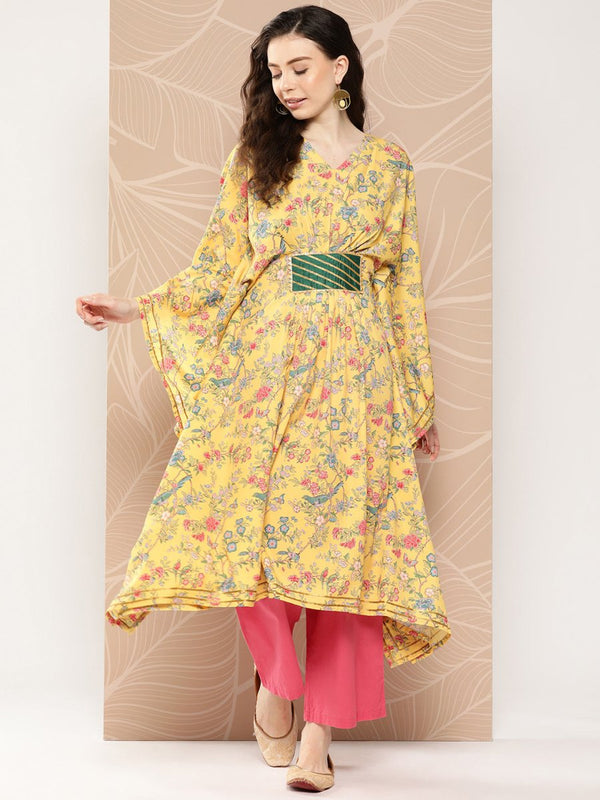 Ahalyaa Women Floral Printed Flared Sleeves Gotta Patti Floral Crepe Kaftan Kurta - Distacart