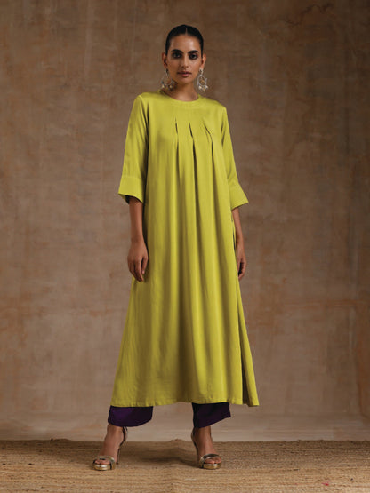 trueBrowns Lime Modal Satin Neck Pleat Kurta Set - Distacart
