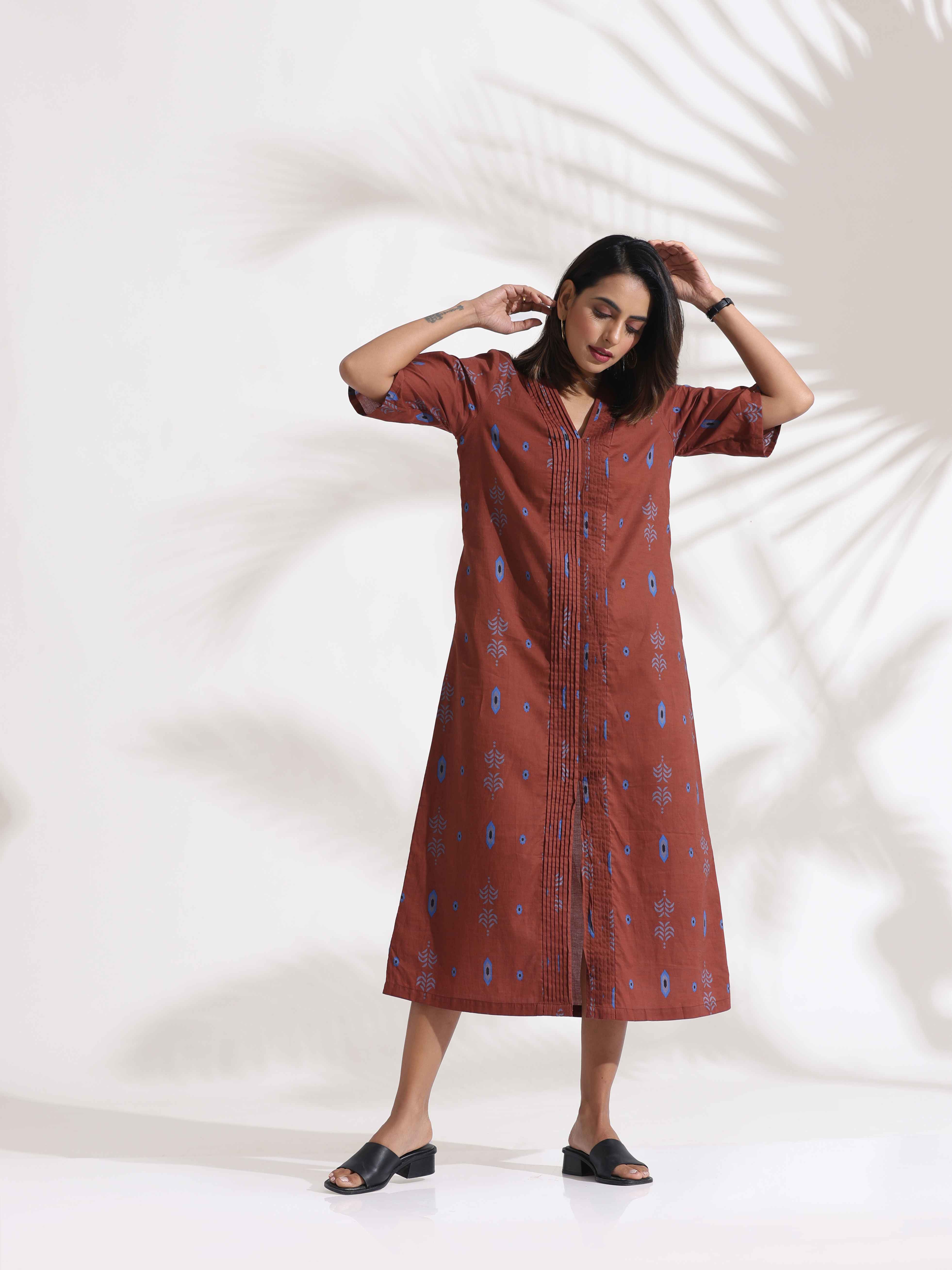 trueBrowns Brown Cotton Print pleated Dress - Distacart