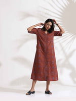 Thumbnail for trueBrowns Brown Cotton Print pleated Dress